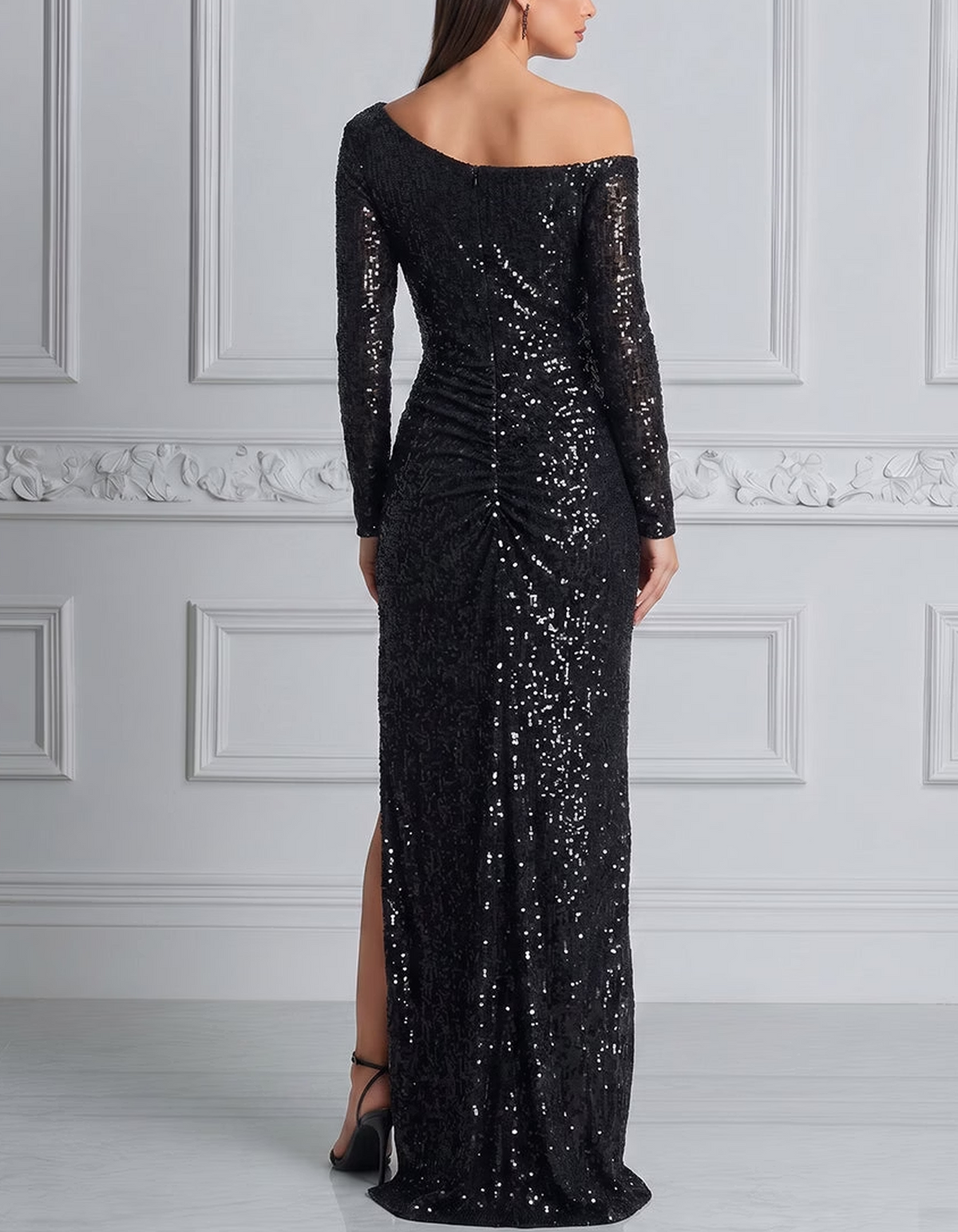 Black Asymmetrical One Shoulder Sequin Long Sleeve Slit Maxi Dress