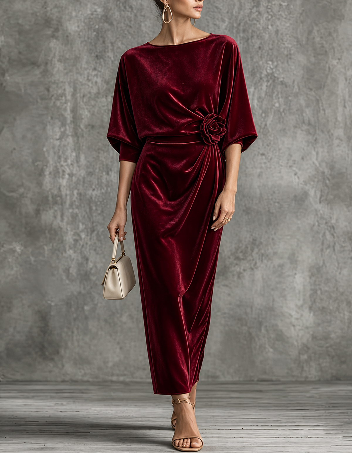 Batwing-Sleeve Velvet With 3D floral Midi Dress