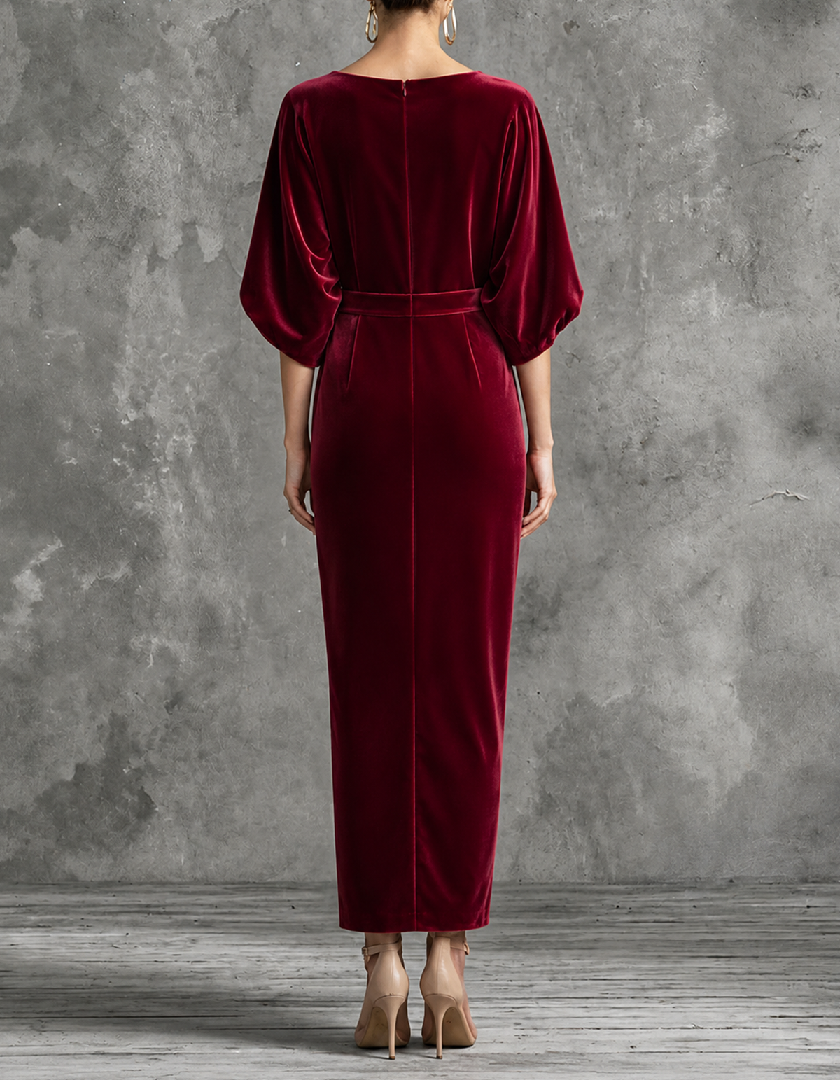 Batwing-Sleeve Velvet With 3D floral Midi Dress