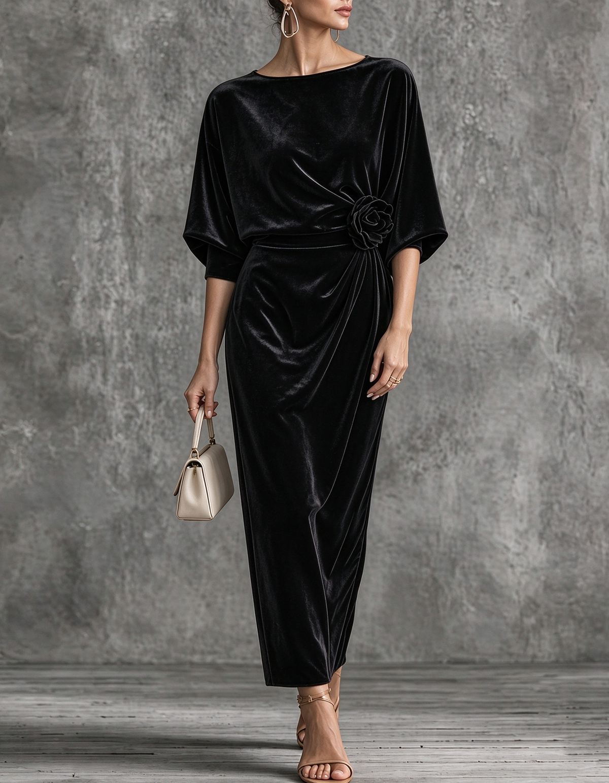 Batwing-Sleeve Velvet With 3D floral Midi Dress