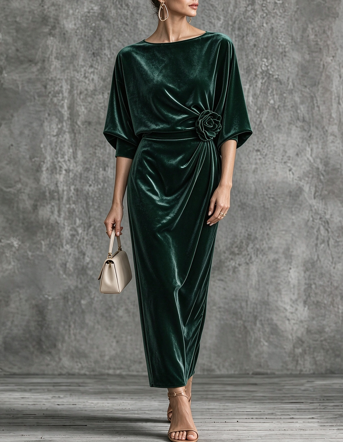 Batwing-Sleeve Velvet With 3D floral Midi Dress