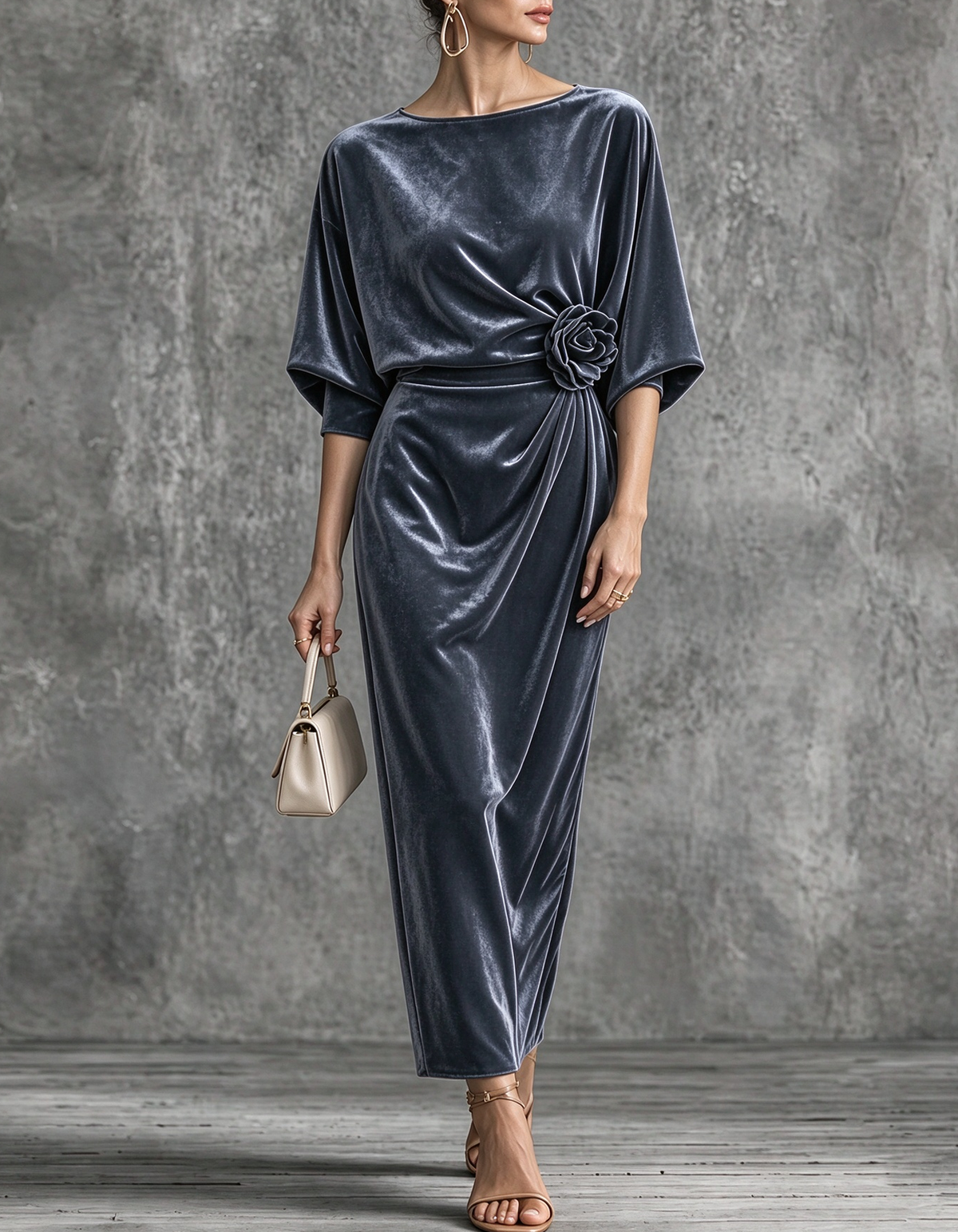 Batwing-Sleeve Velvet With 3D floral Midi Dress
