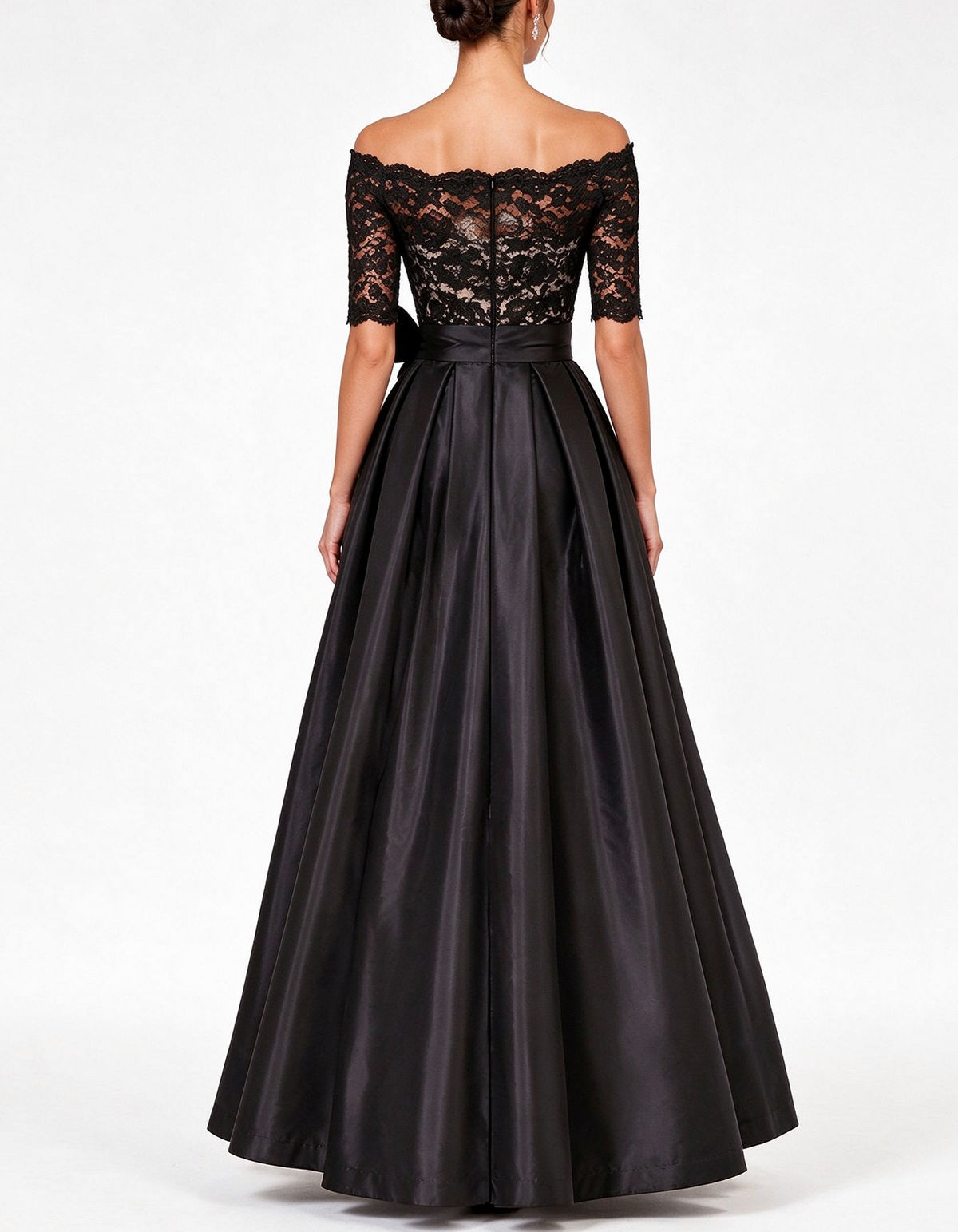 Black Off The Shoulder Lace Aatin A-Line Maxi Dress