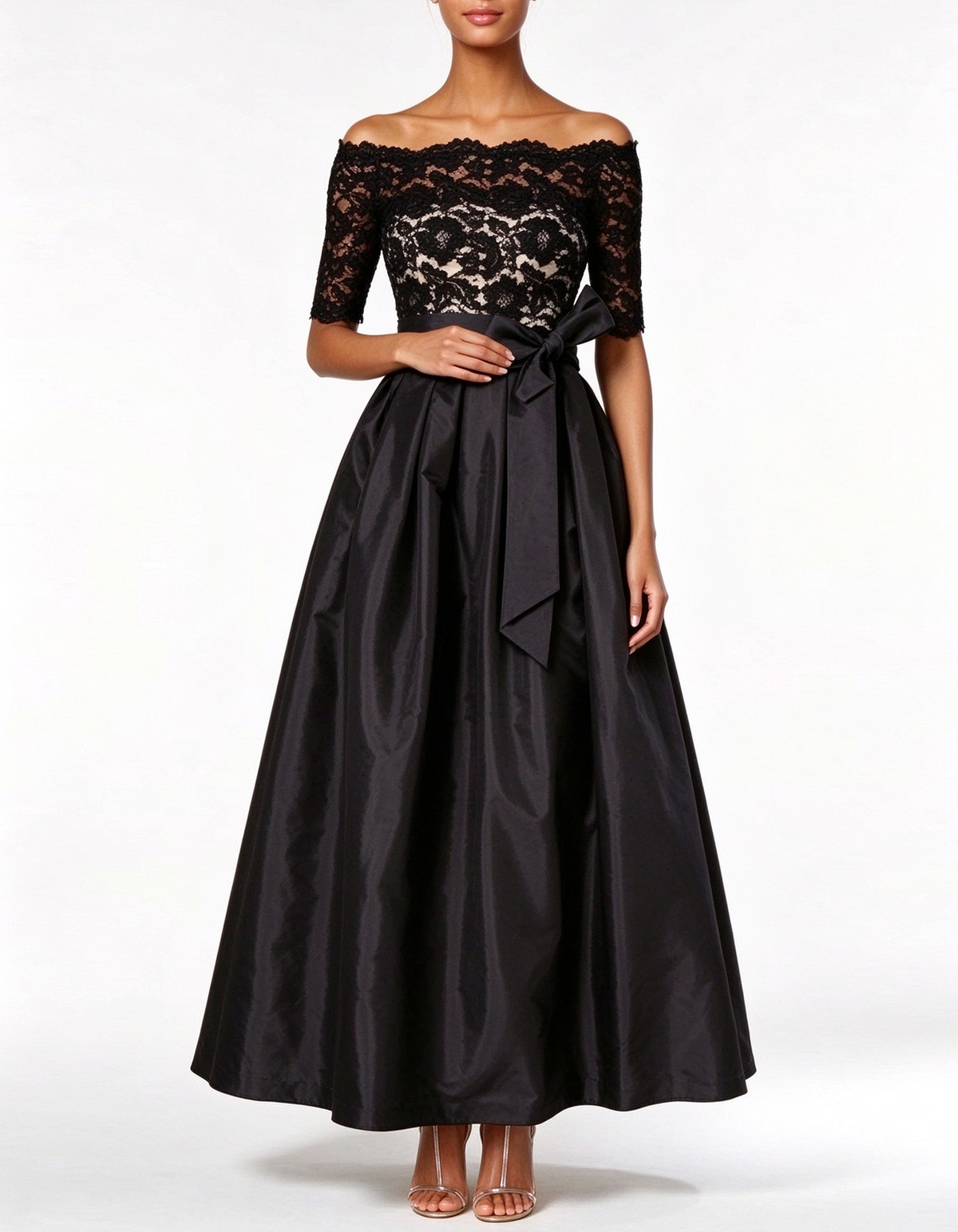 Black Off The Shoulder Lace Aatin A-Line Maxi Dress