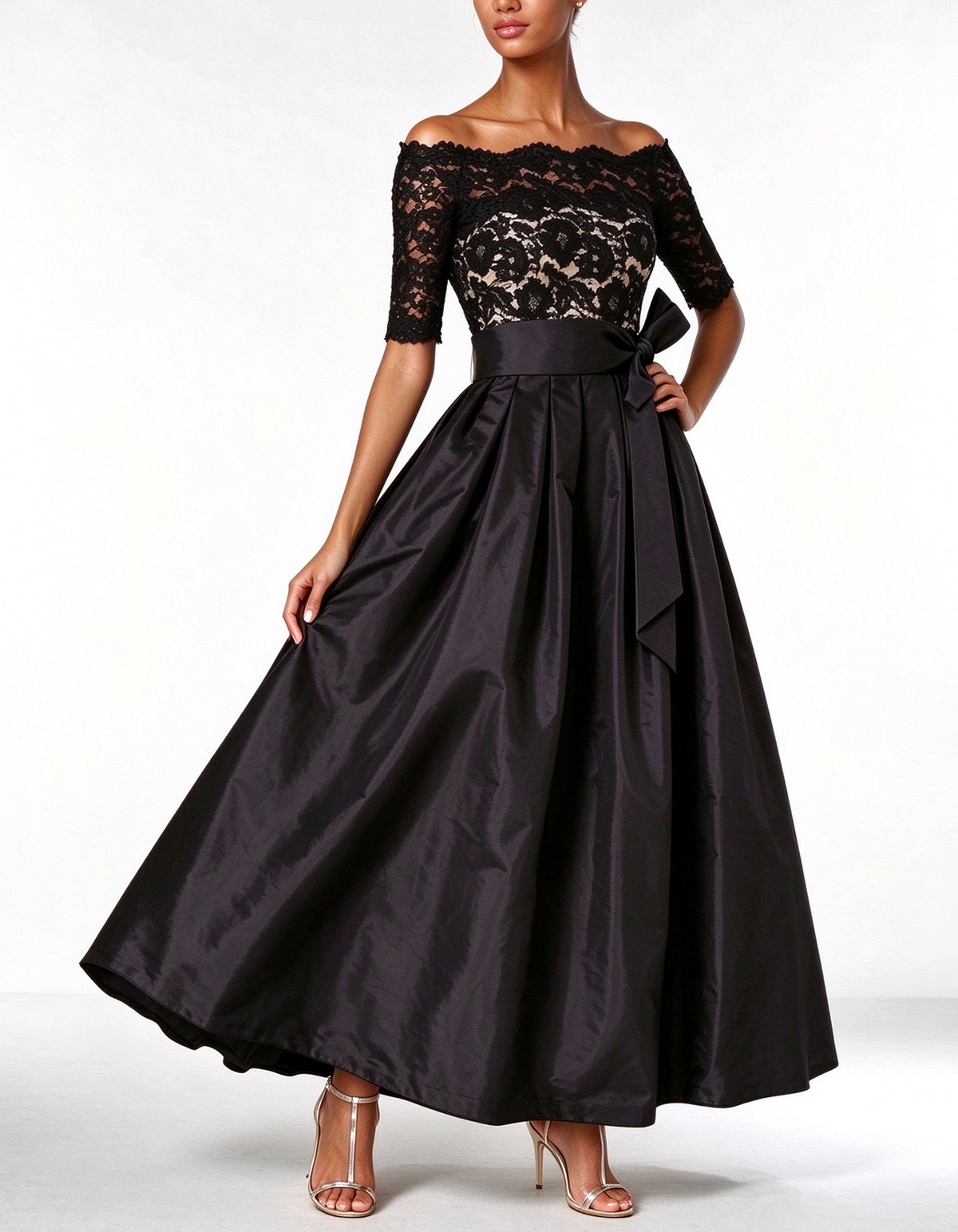 Black Off The Shoulder Lace Aatin A-Line Maxi Dress