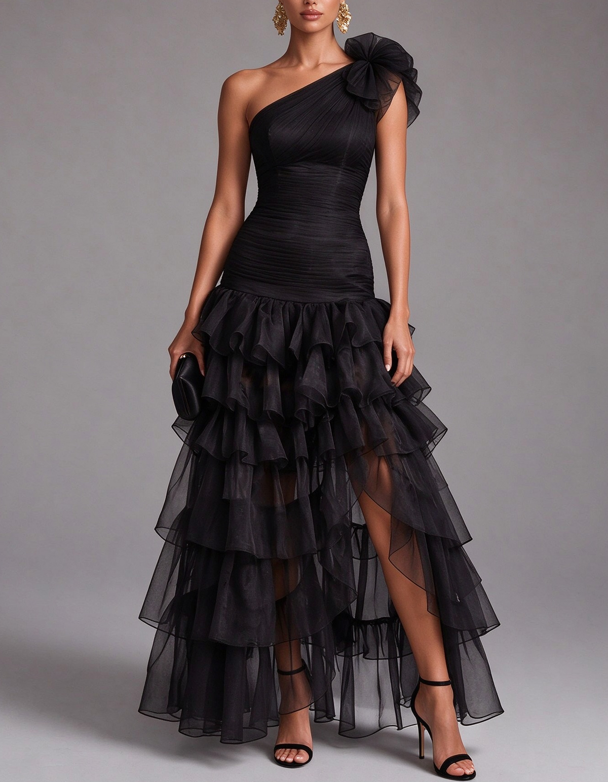 One Shoulder Tulle Ruffled Tiered High Slit Maxi Dress