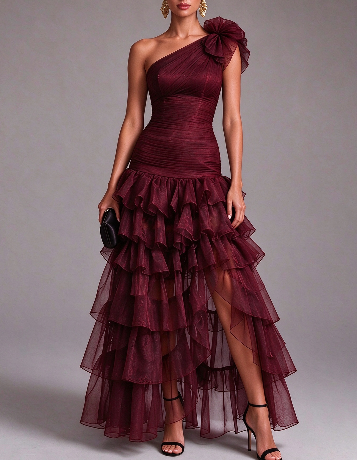 One Shoulder Tulle Ruffled Tiered High Slit Maxi Dress