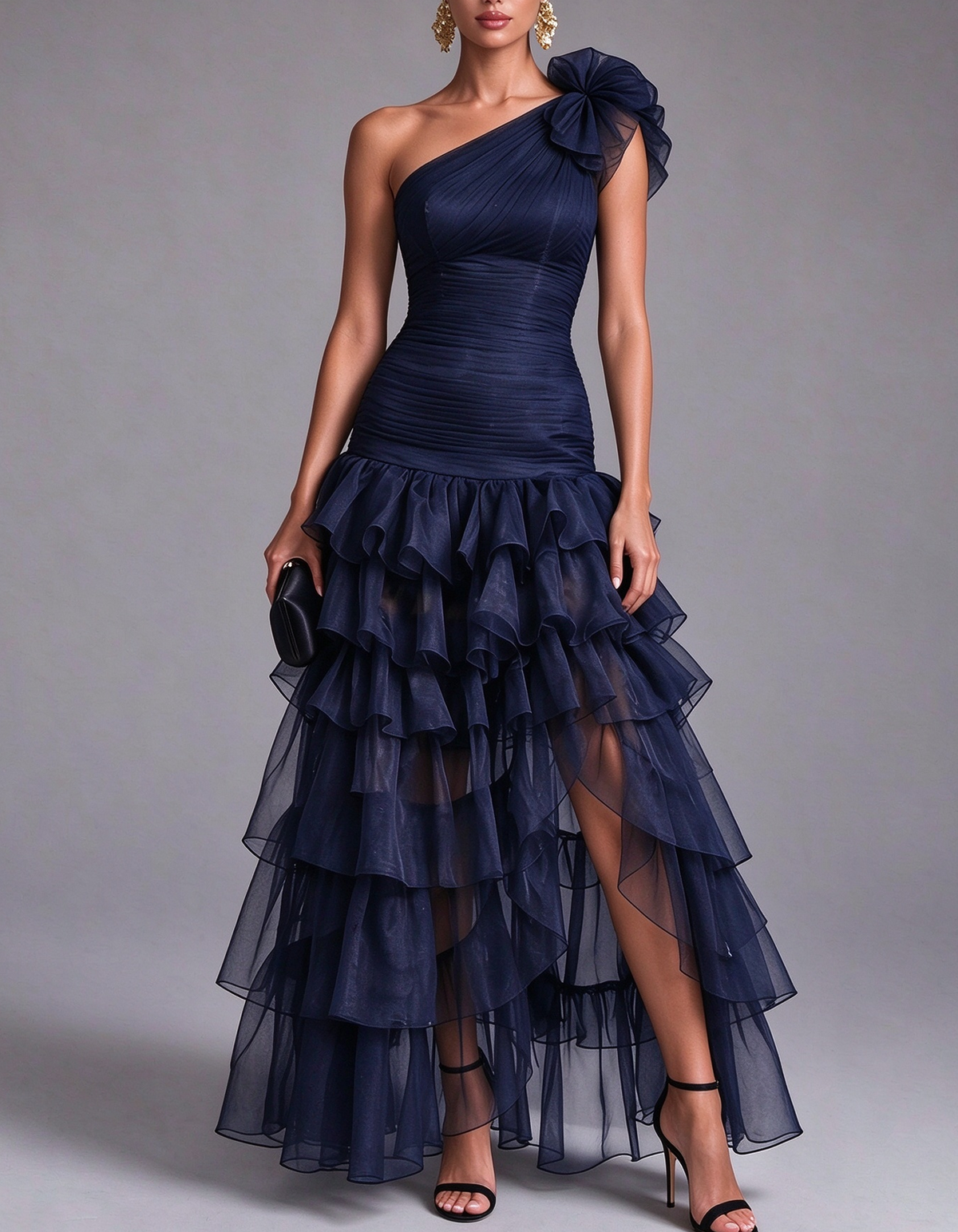 One Shoulder Tulle Ruffled Tiered High Slit Maxi Dress