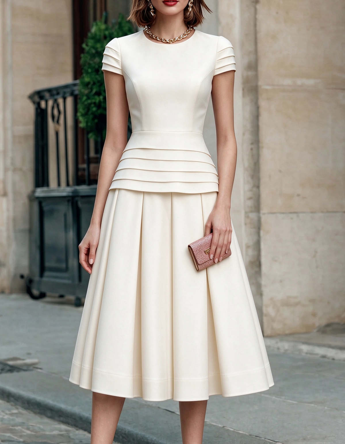 Round Neck Layered Waist Peplum A-Line Midi Dress