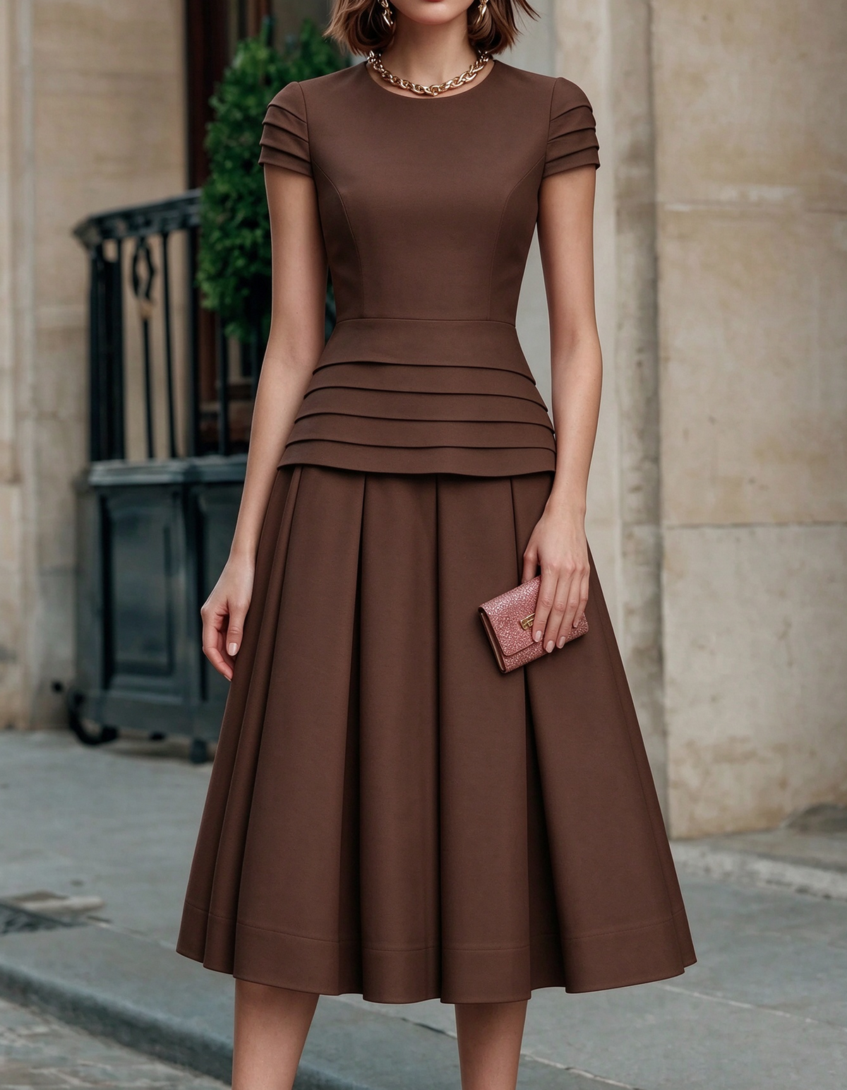 Round Neck Layered Waist Peplum A-Line Midi Dress