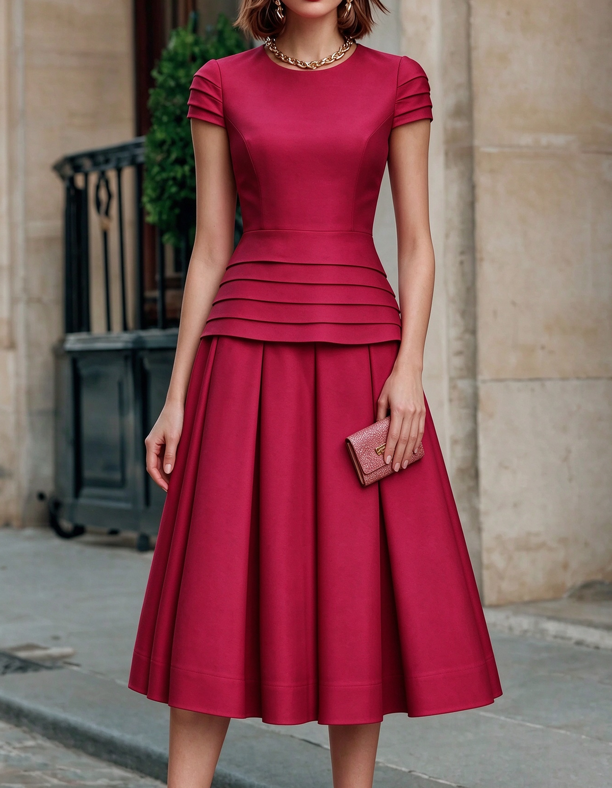 Round Neck Layered Waist Peplum A-Line Midi Dress