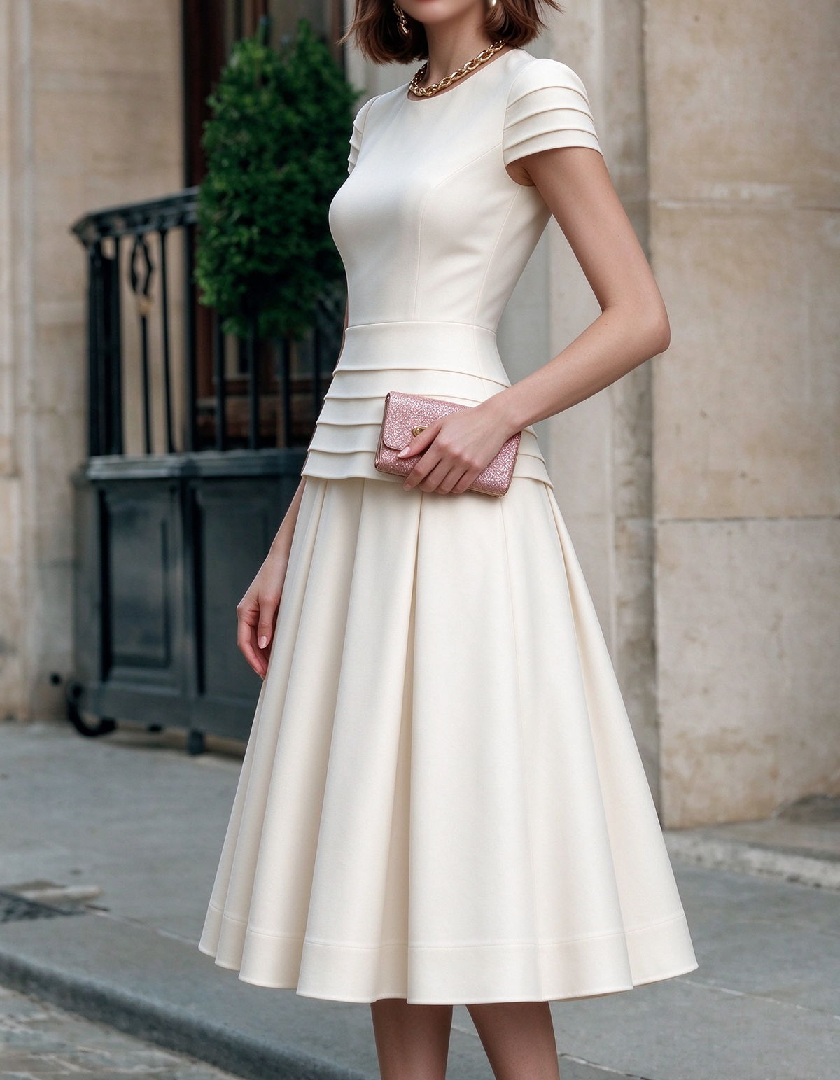 Round Neck Layered Waist Peplum A-Line Midi Dress