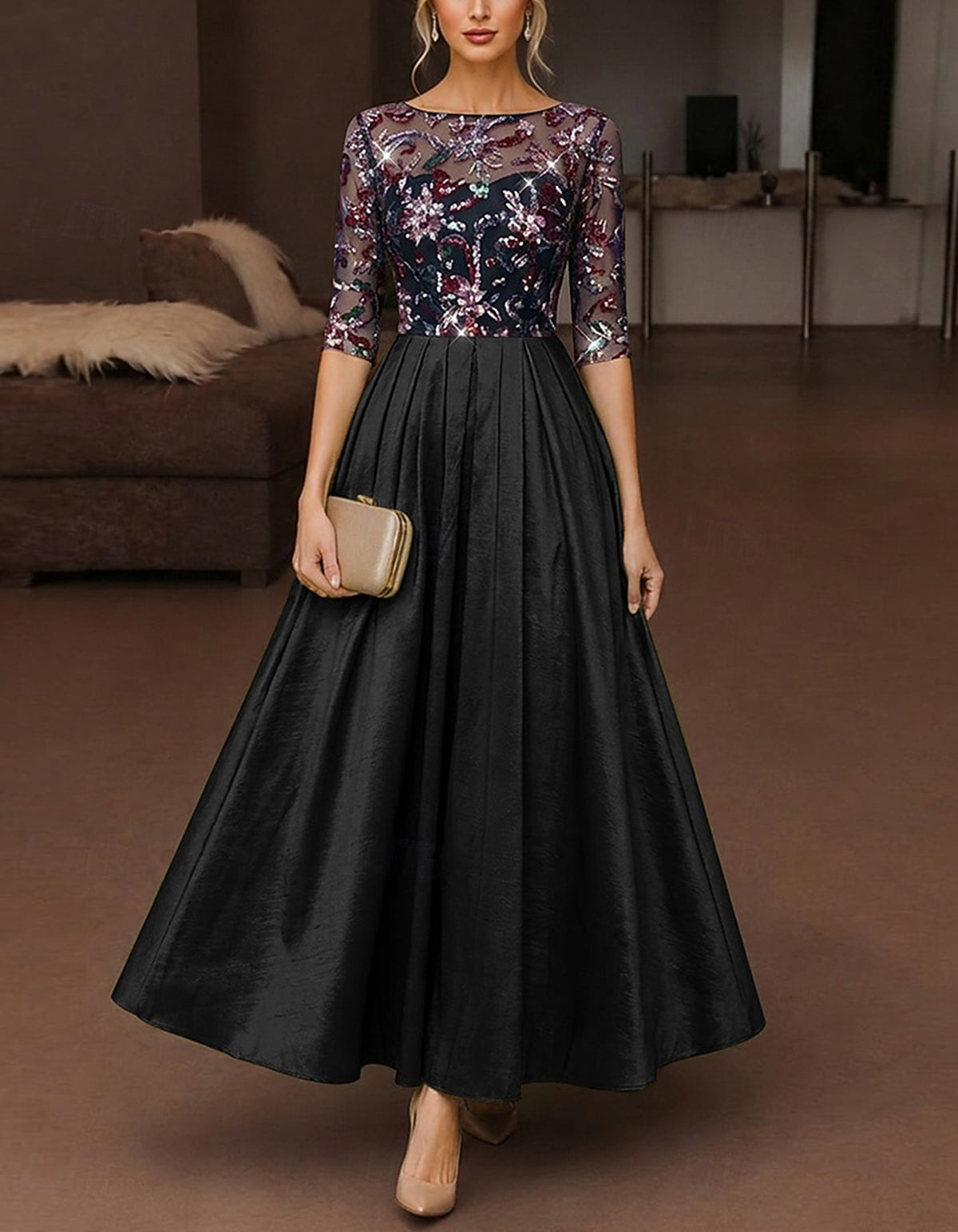 Solid Color Sequined Mesh Satin Maxi Dress
