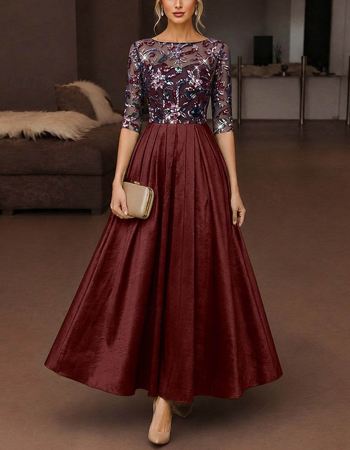 Solid Color Sequined Mesh Satin Maxi Dress