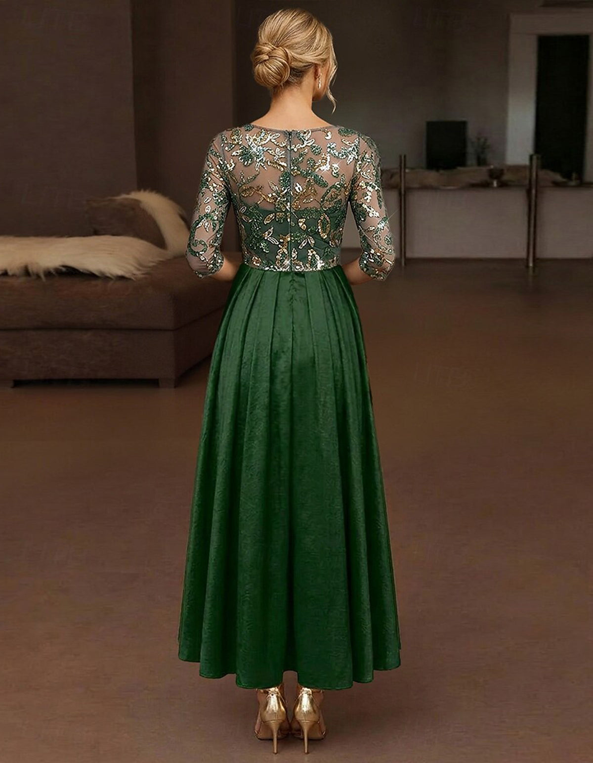 Solid Color Sequined Mesh Satin Maxi Dress