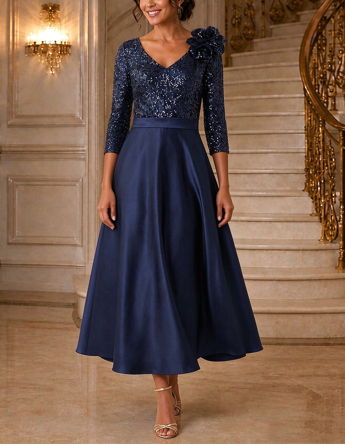 Solid Color V-Neck With Sequins Midi Dress