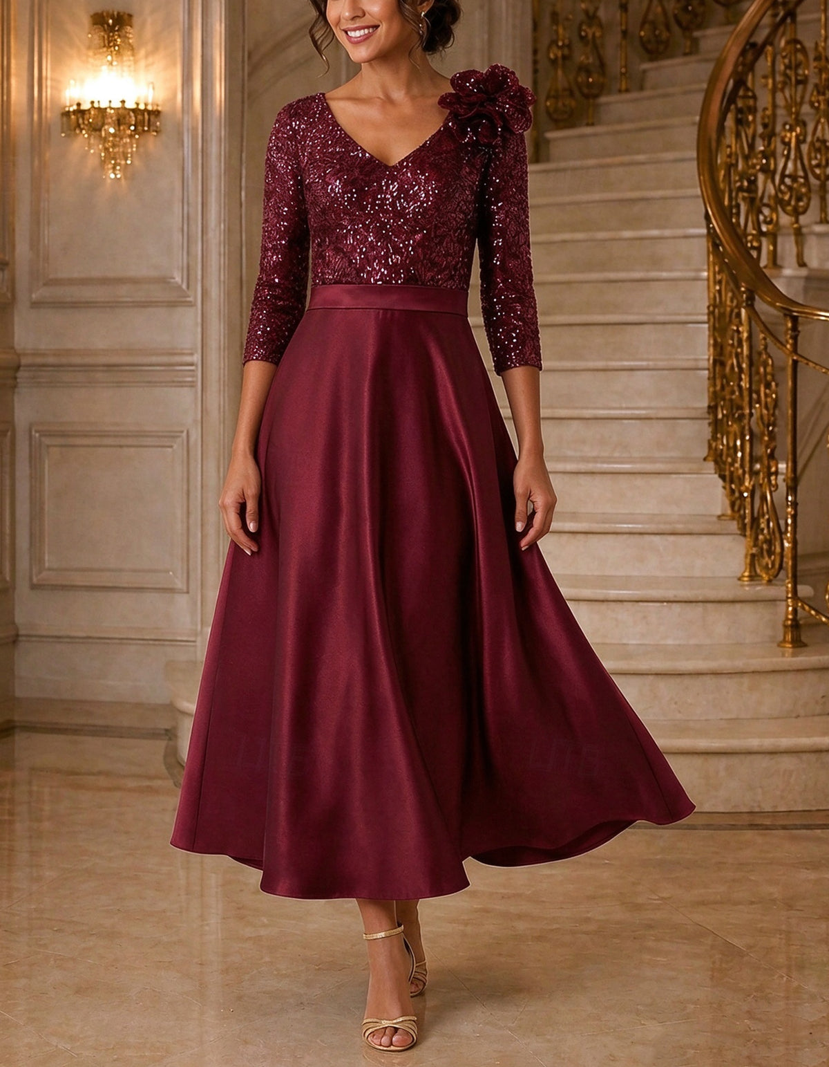 Solid Color V-Neck With Sequins Midi Dress