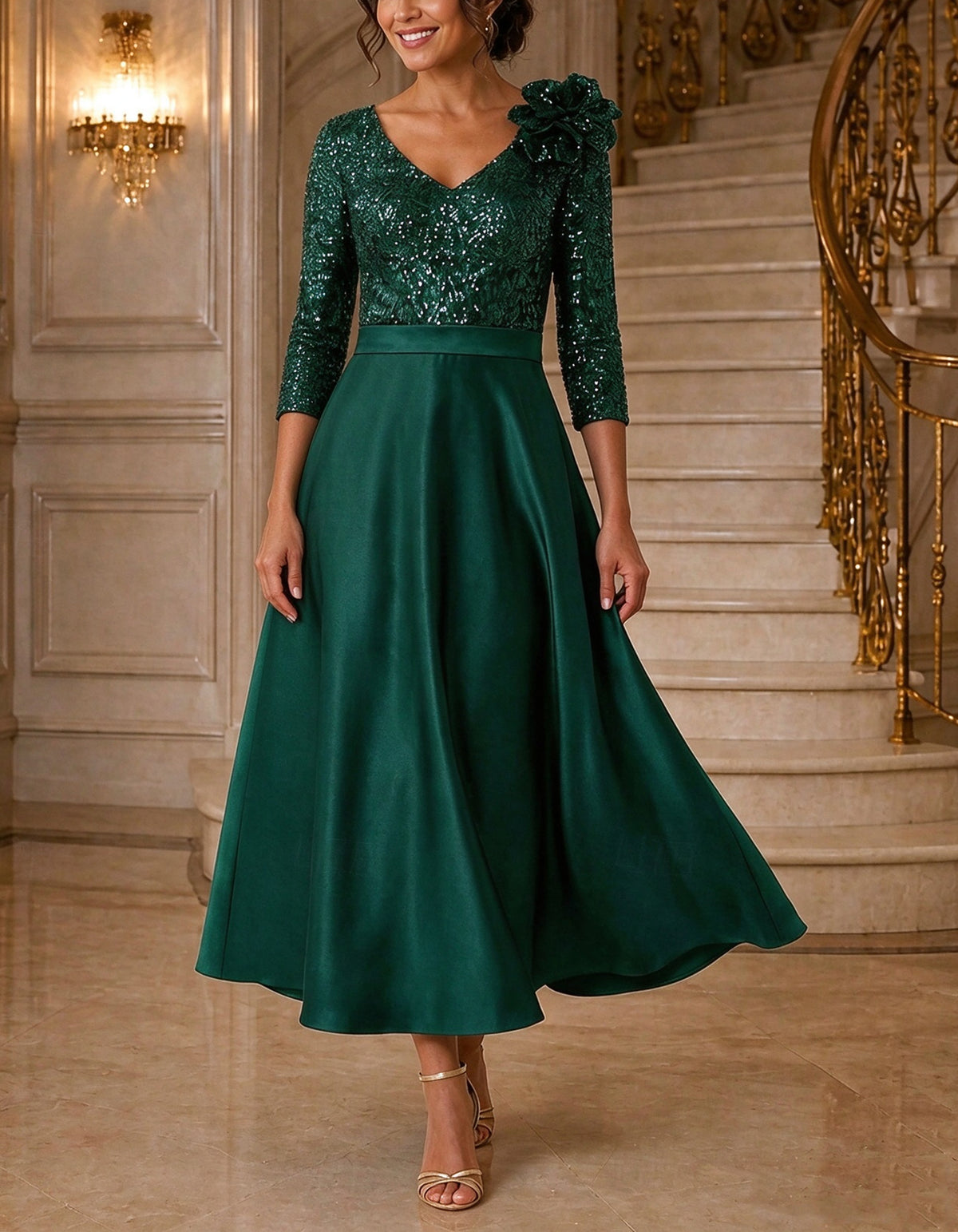 Solid Color V-Neck With Sequins Midi Dress