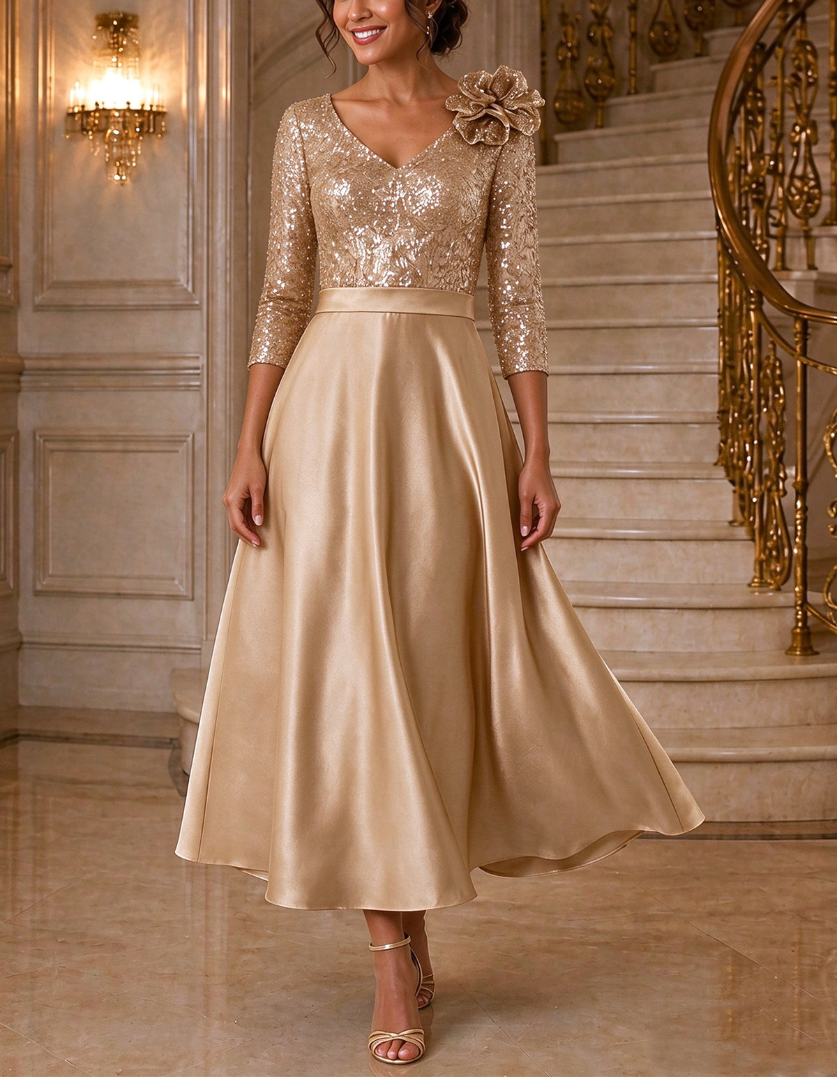 Solid Color V-Neck With Sequins Midi Dress