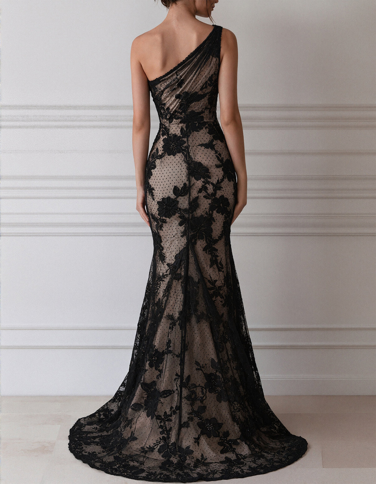 Black Lace One Shoulder Mermaid Style  Maxi Dress