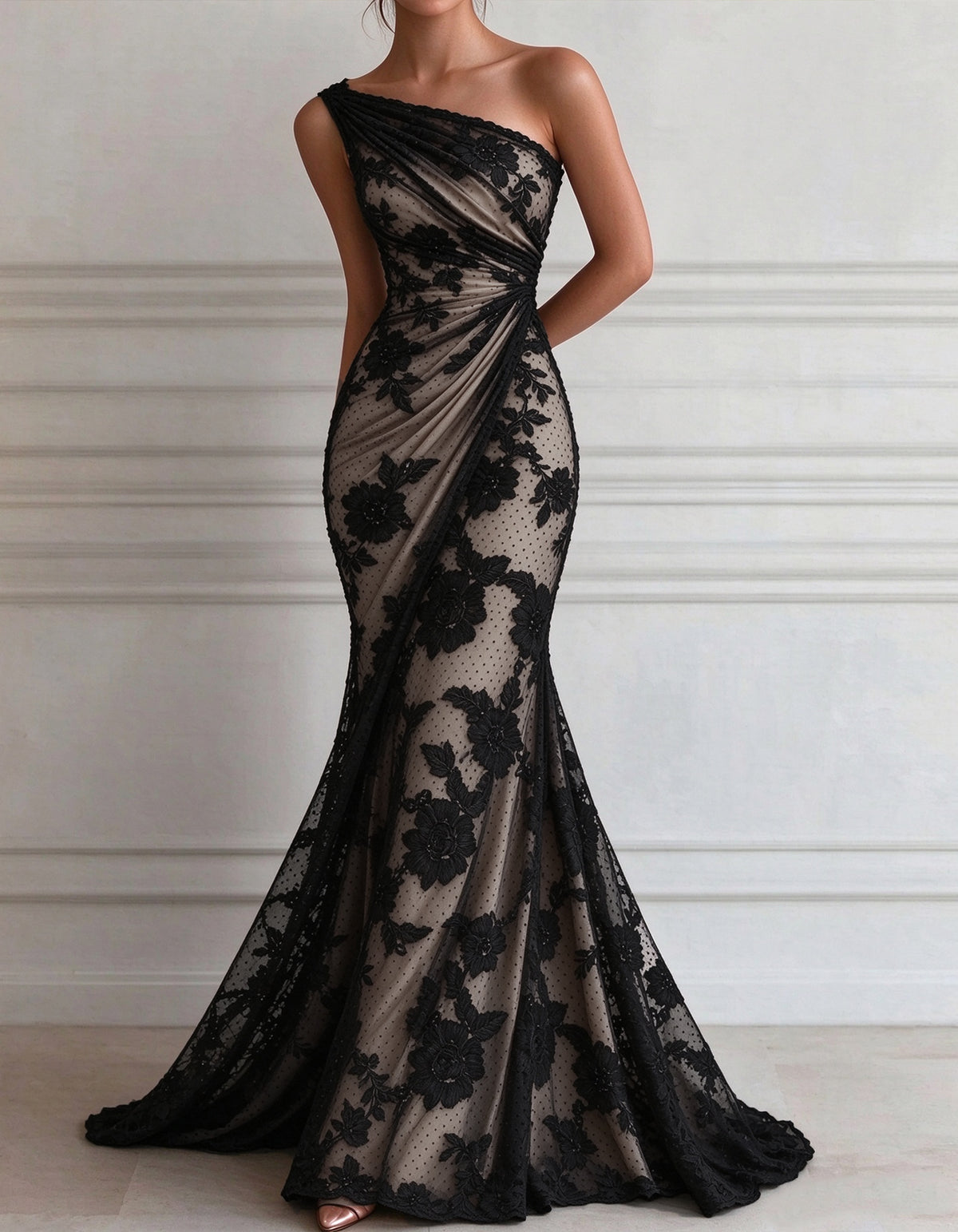 Black Lace One Shoulder Mermaid Style  Maxi Dress