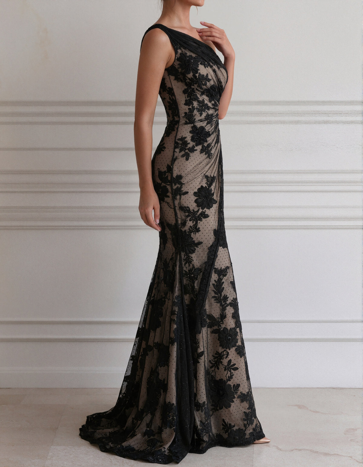 Black Lace One Shoulder Mermaid Style  Maxi Dress