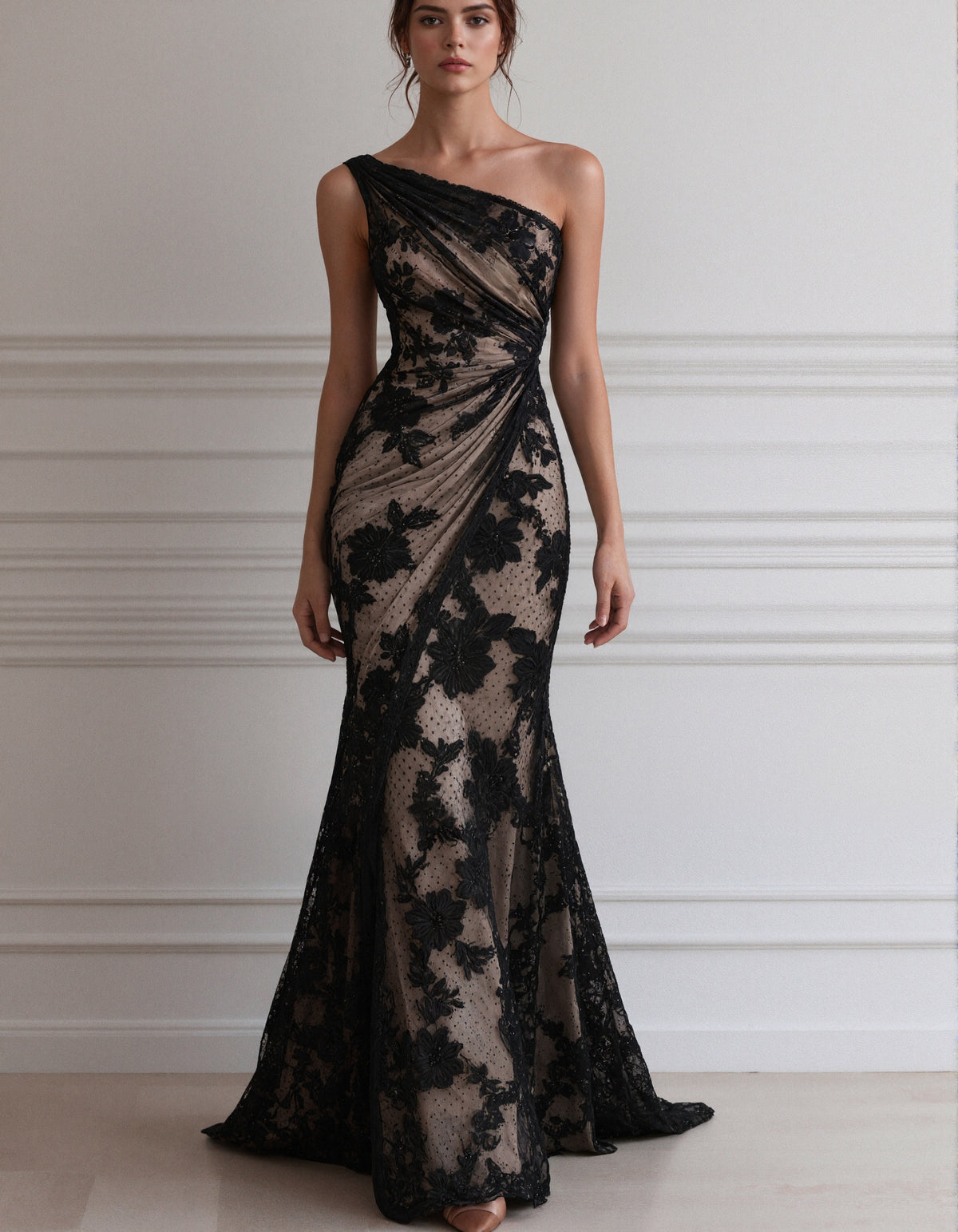 Black Lace One Shoulder Mermaid Style  Maxi Dress