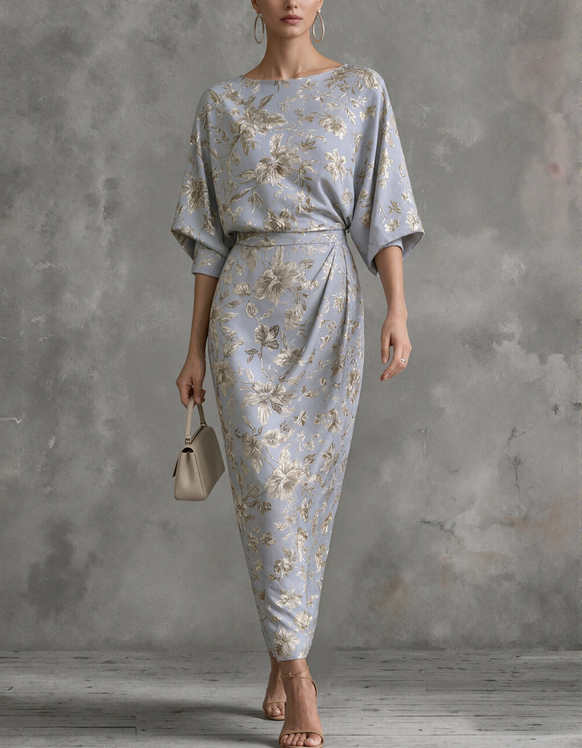 Blue Gray Floral Jacquard Midi Dress