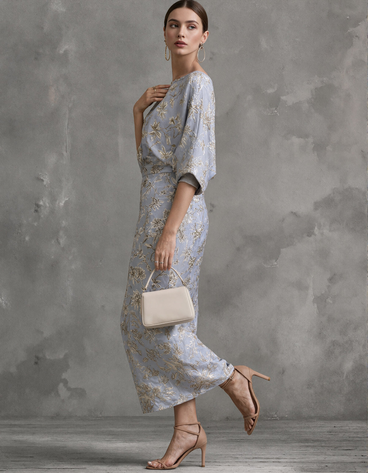 Blue Gray Floral Jacquard Midi Dress