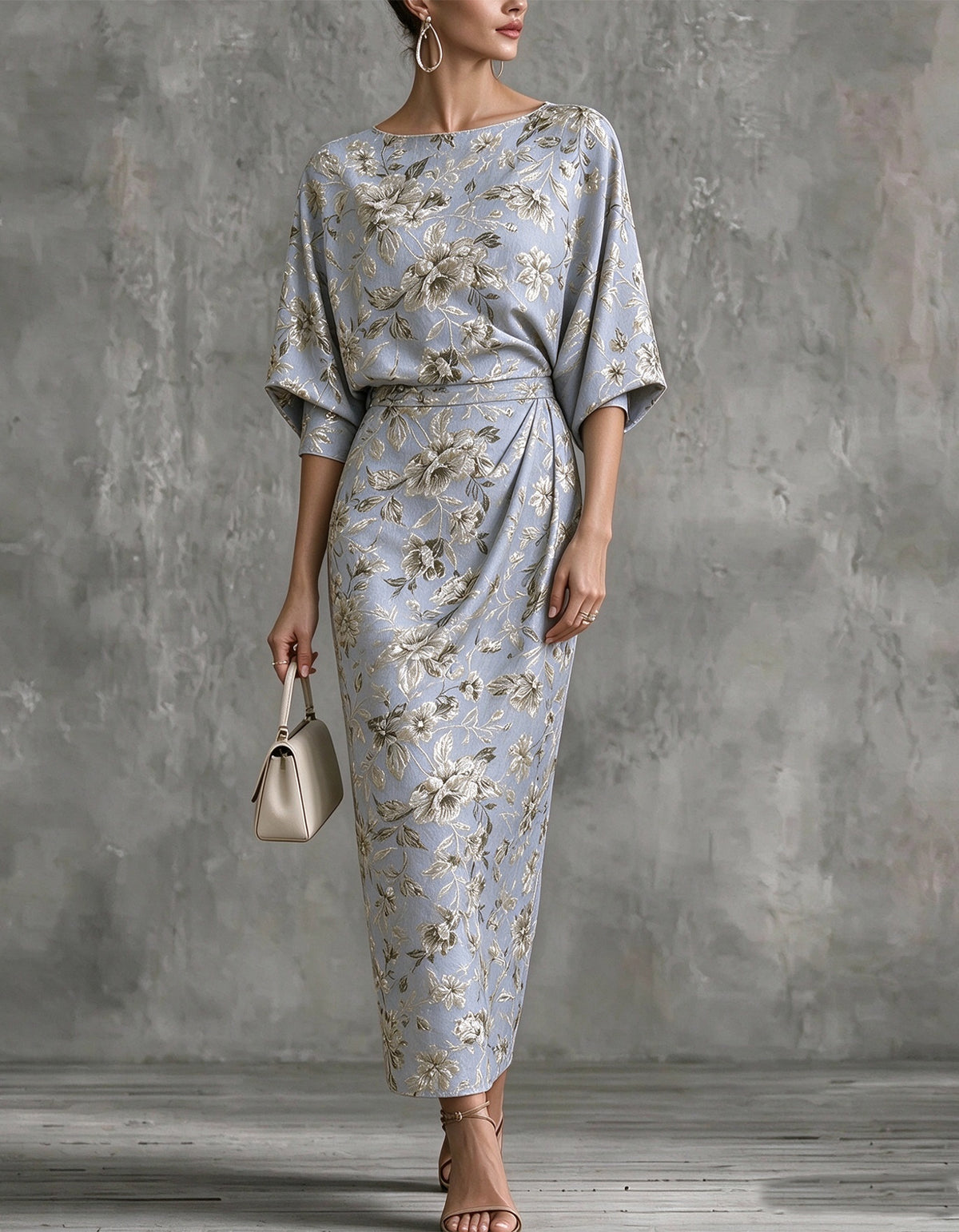 Blue Gray Floral Jacquard Midi Dress