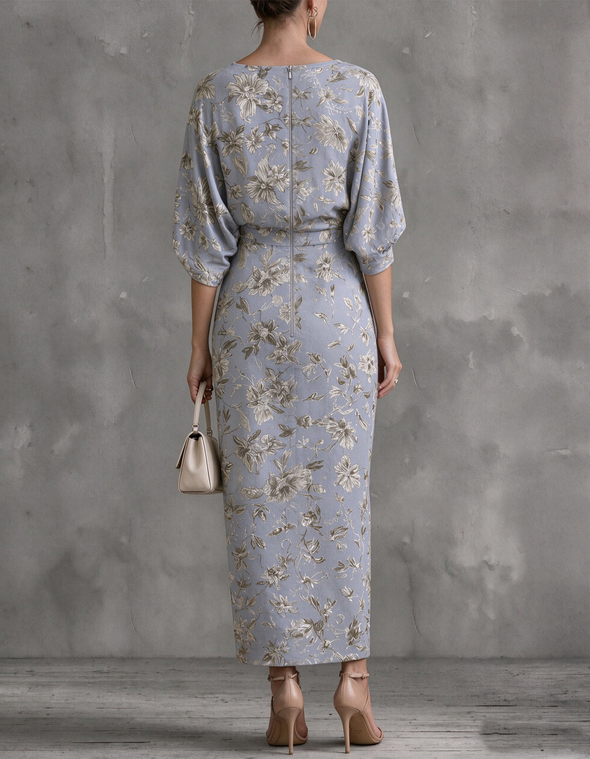 Blue Gray Floral Jacquard Midi Dress
