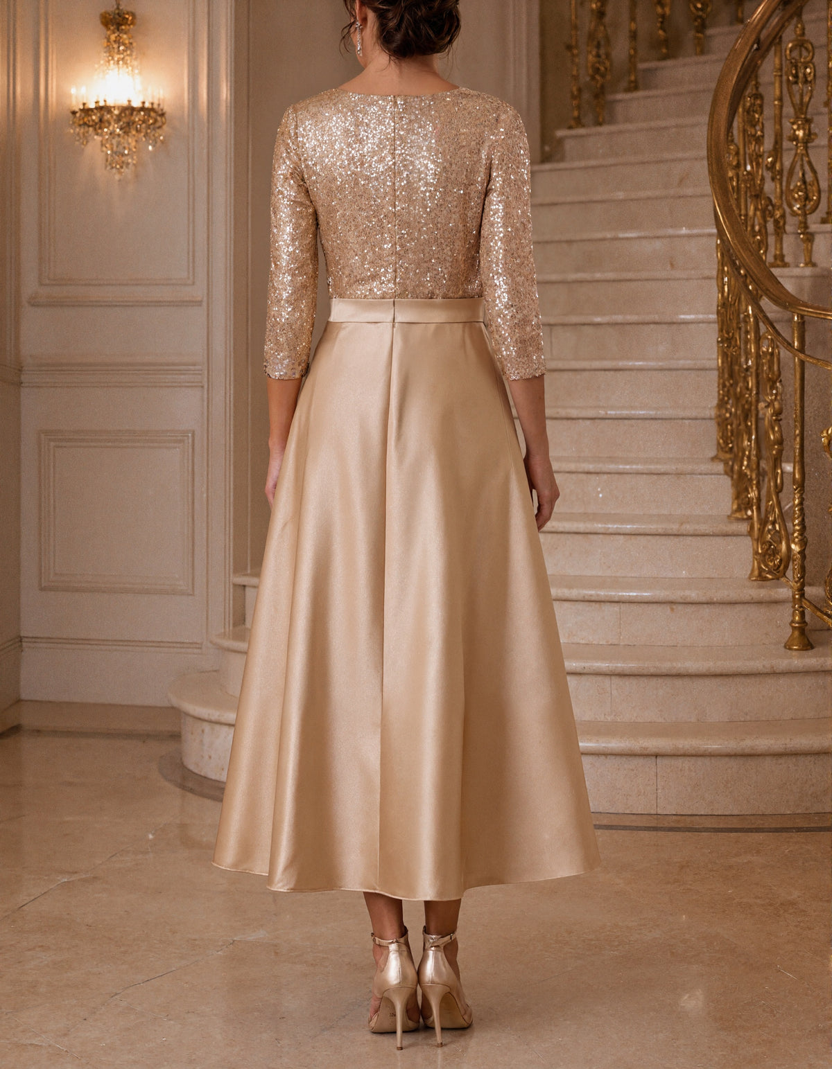 Solid Color V-Neck With Sequins Midi Dress