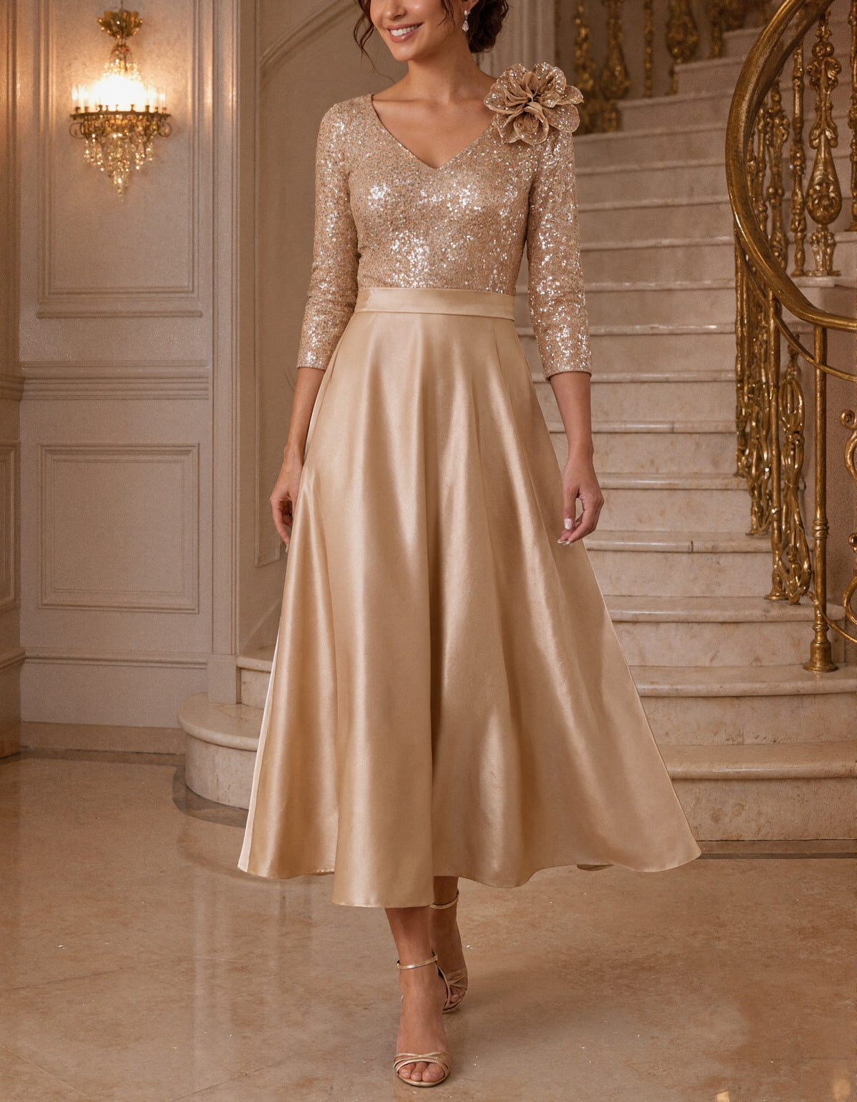 Solid Color V-Neck With Sequins Midi Dress