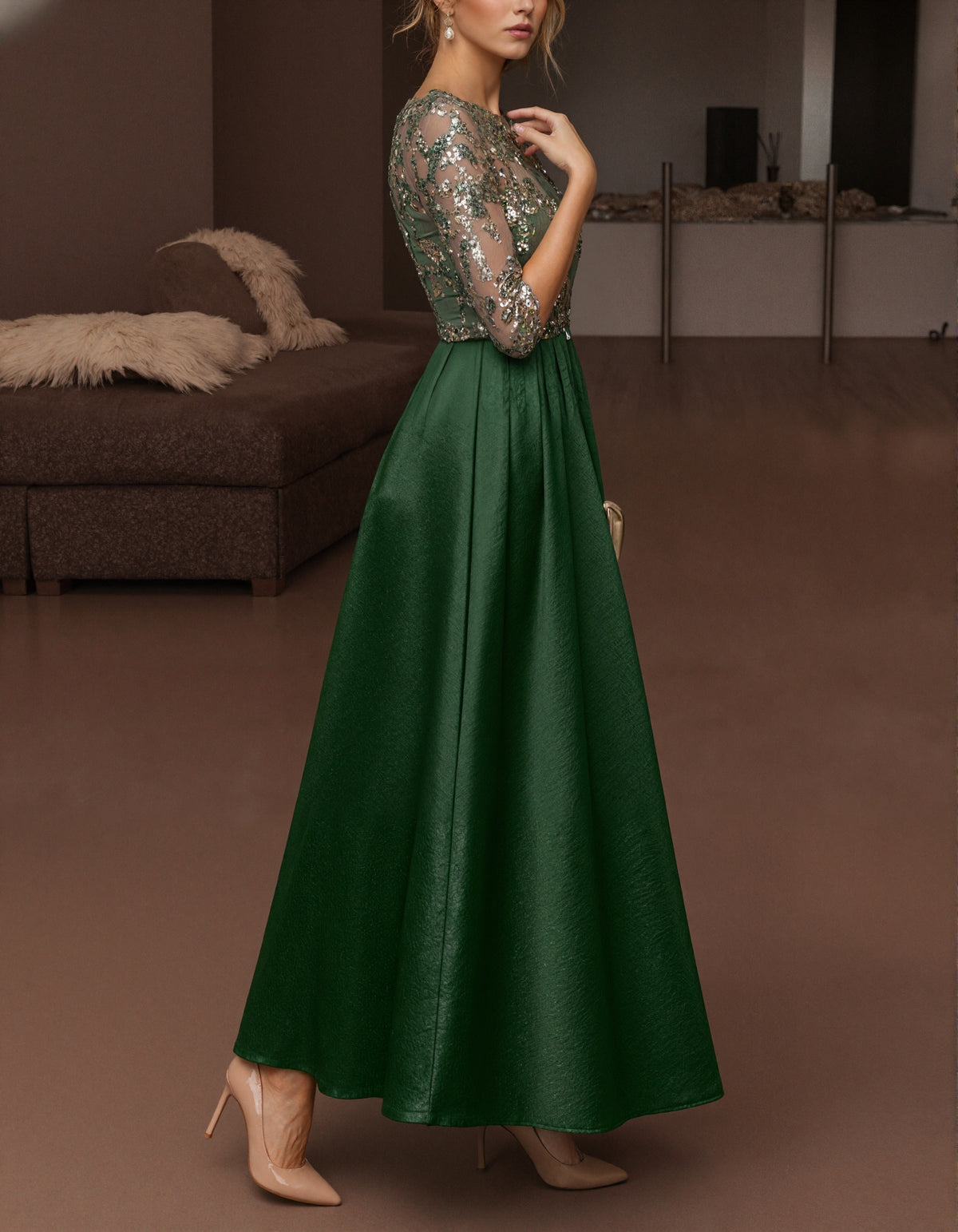 Solid Color Sequined Mesh Satin Maxi Dress