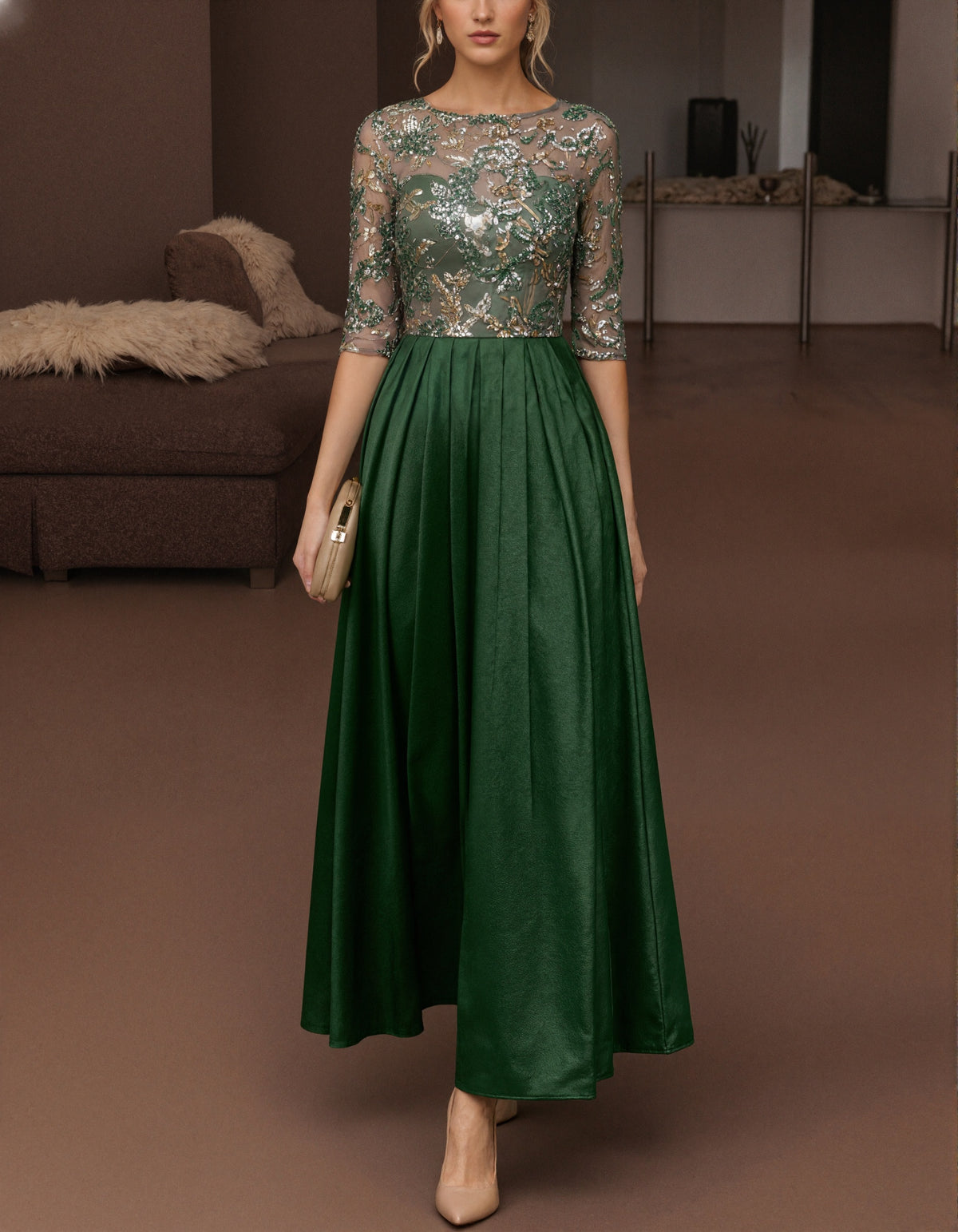 Solid Color Sequined Mesh Satin Maxi Dress