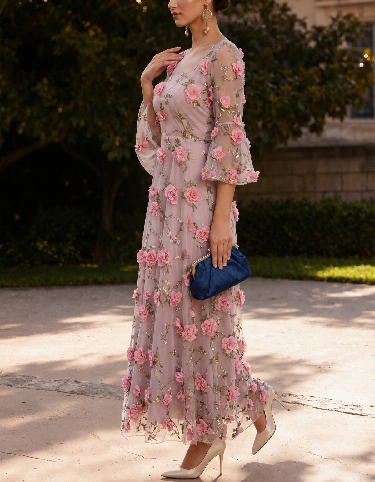 Pink Sheer Fabric With 3d Flowers Midi Dress