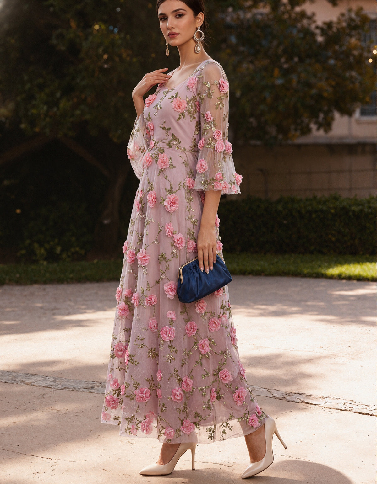 Pink Sheer Fabric With 3d Flowers Midi Dress