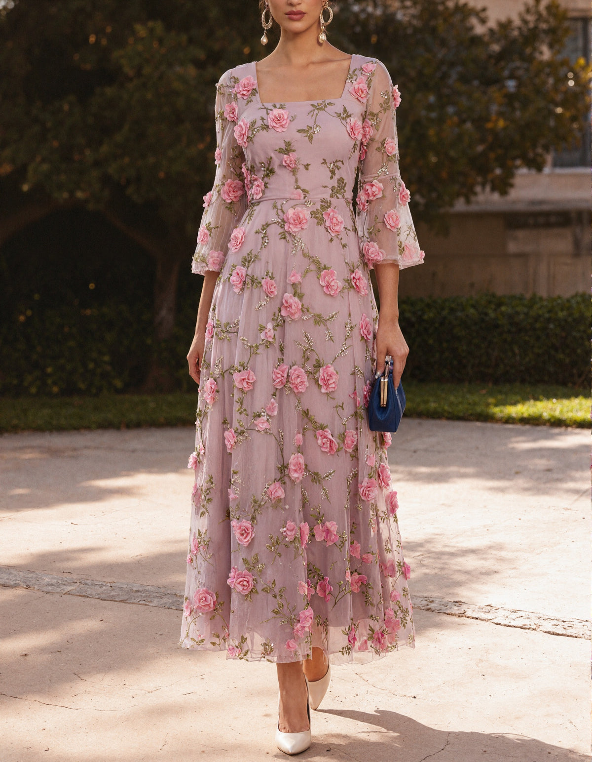 Pink Sheer Fabric With 3d Flowers Midi Dress
