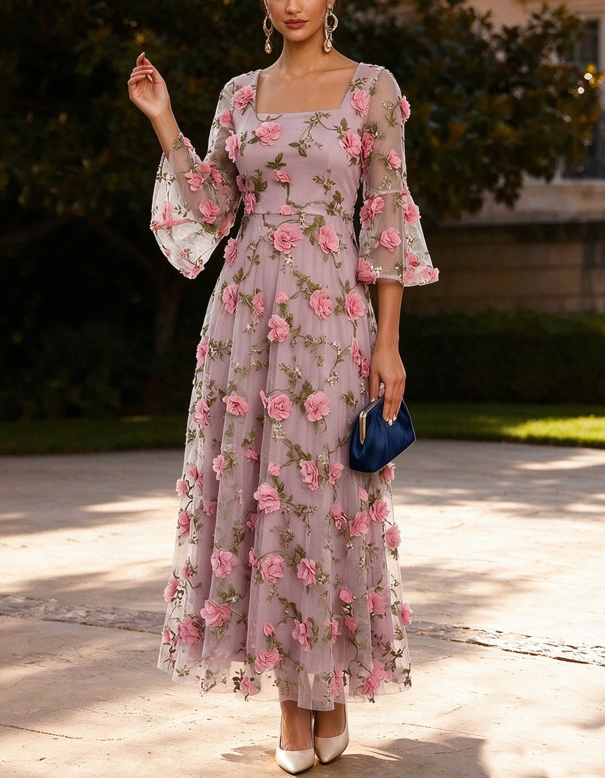 Pink Sheer Fabric With 3d Flowers Midi Dress