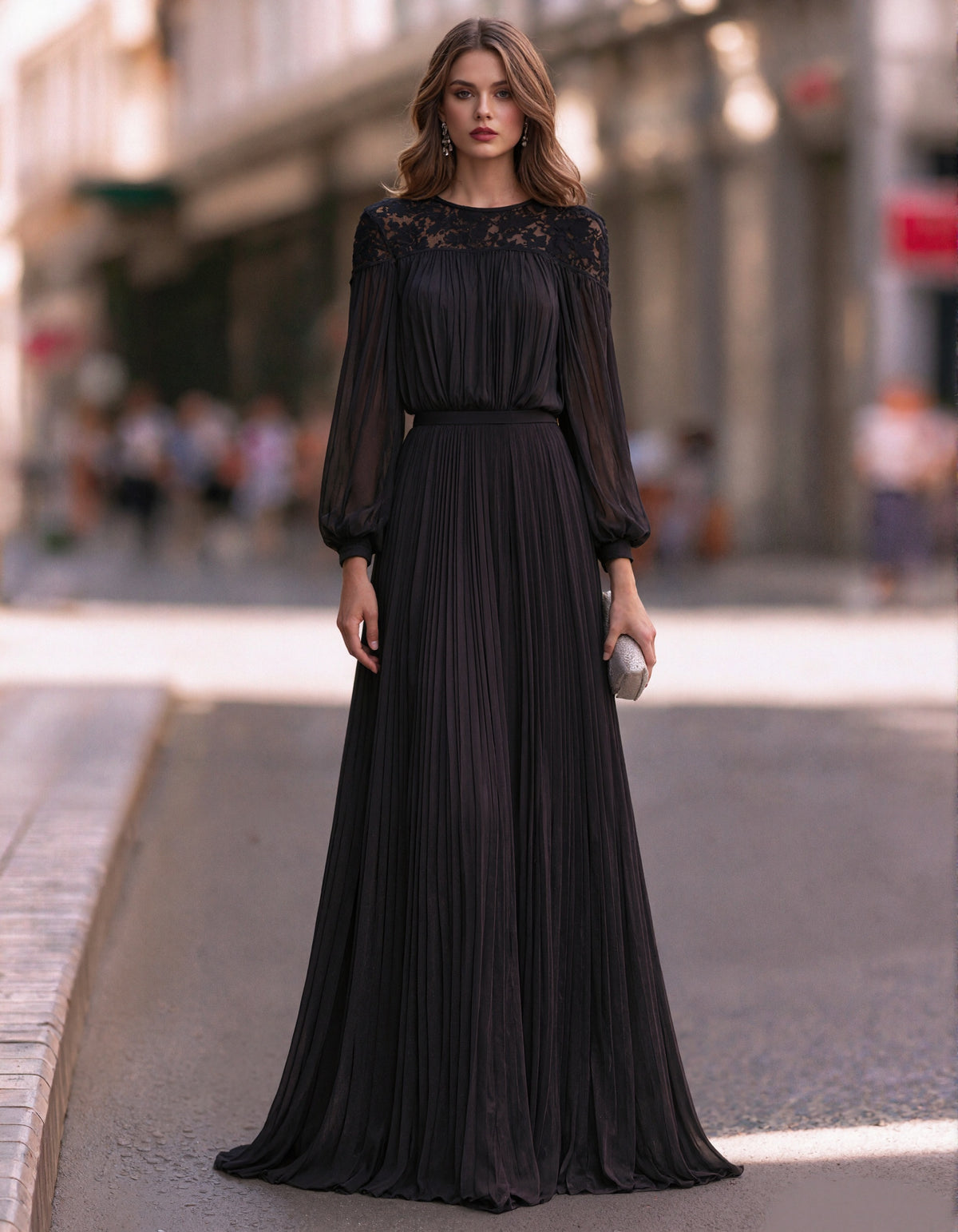 Black Pleated Chiffon And Lace Maxi Dress