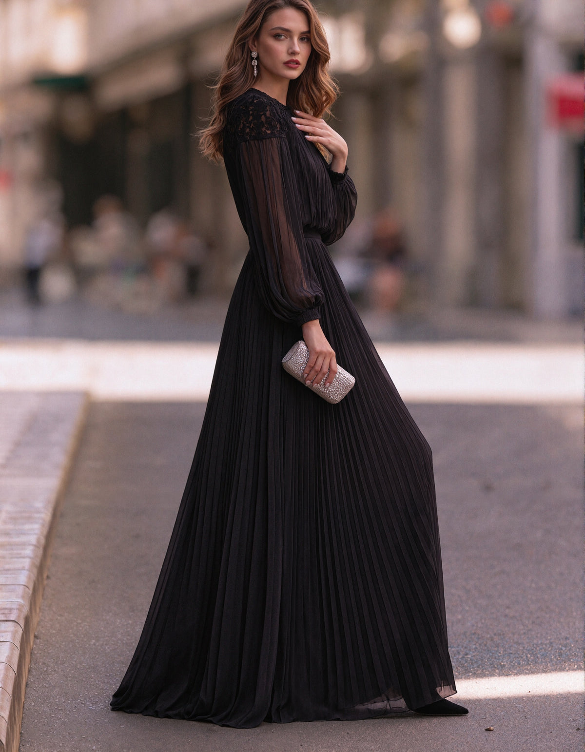 Black Pleated Chiffon And Lace Maxi Dress