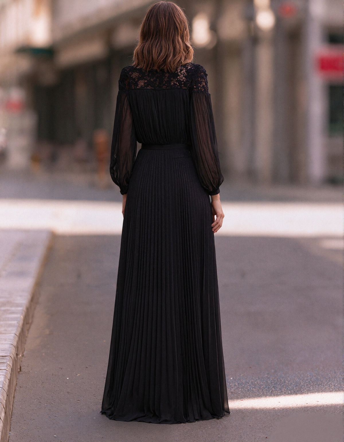 Black Pleated Chiffon And Lace Maxi Dress