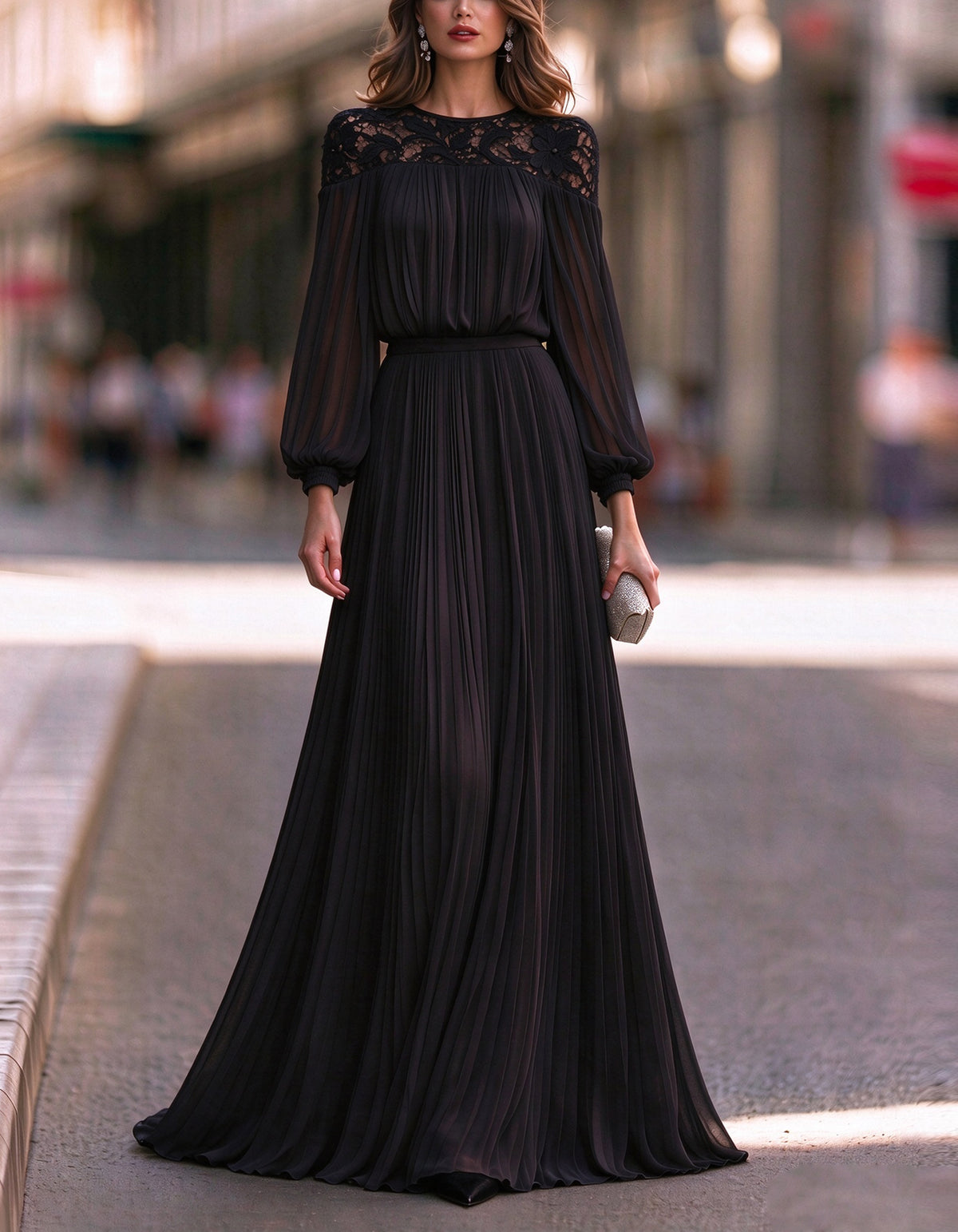 Black Pleated Chiffon And Lace Maxi Dress