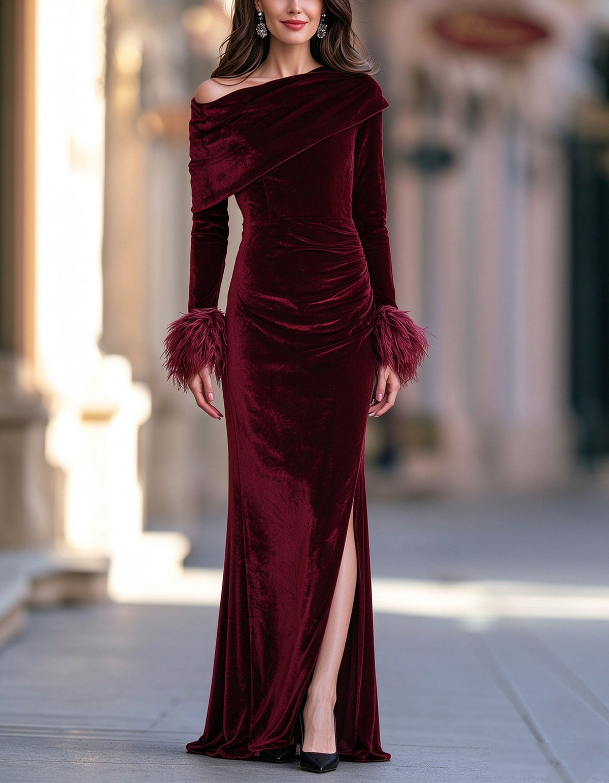 Burgundy Velvet Off The Shoulder Mermaid Gown Maxi Dress