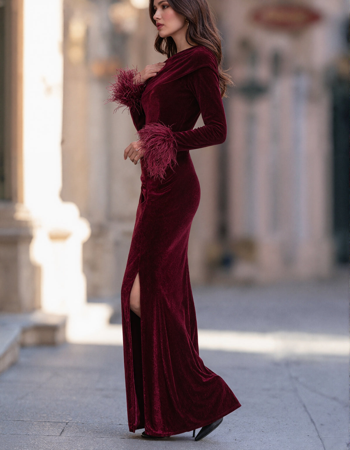 Burgundy Velvet Off The Shoulder Mermaid Gown Maxi Dress