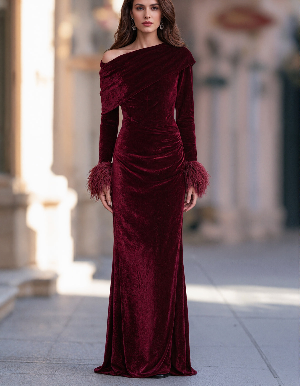 Burgundy Velvet Off The Shoulder Mermaid Gown Maxi Dress