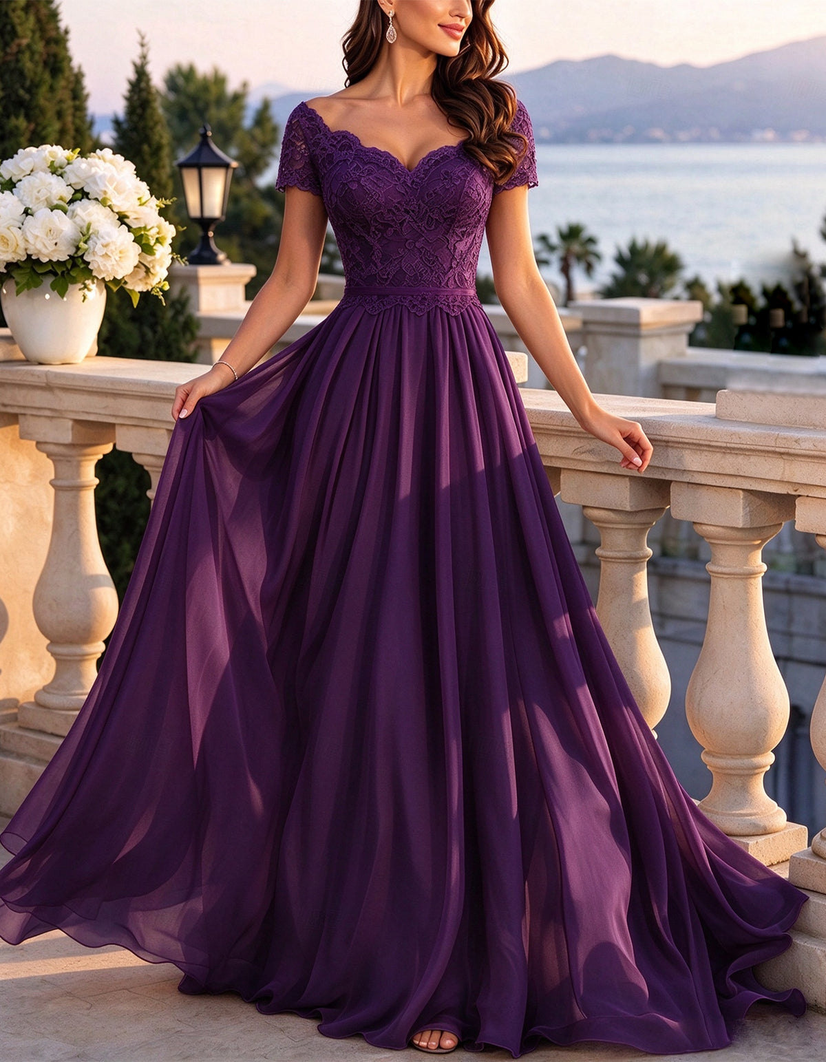 Solid Color Lace And Chiffon Maxi Dress