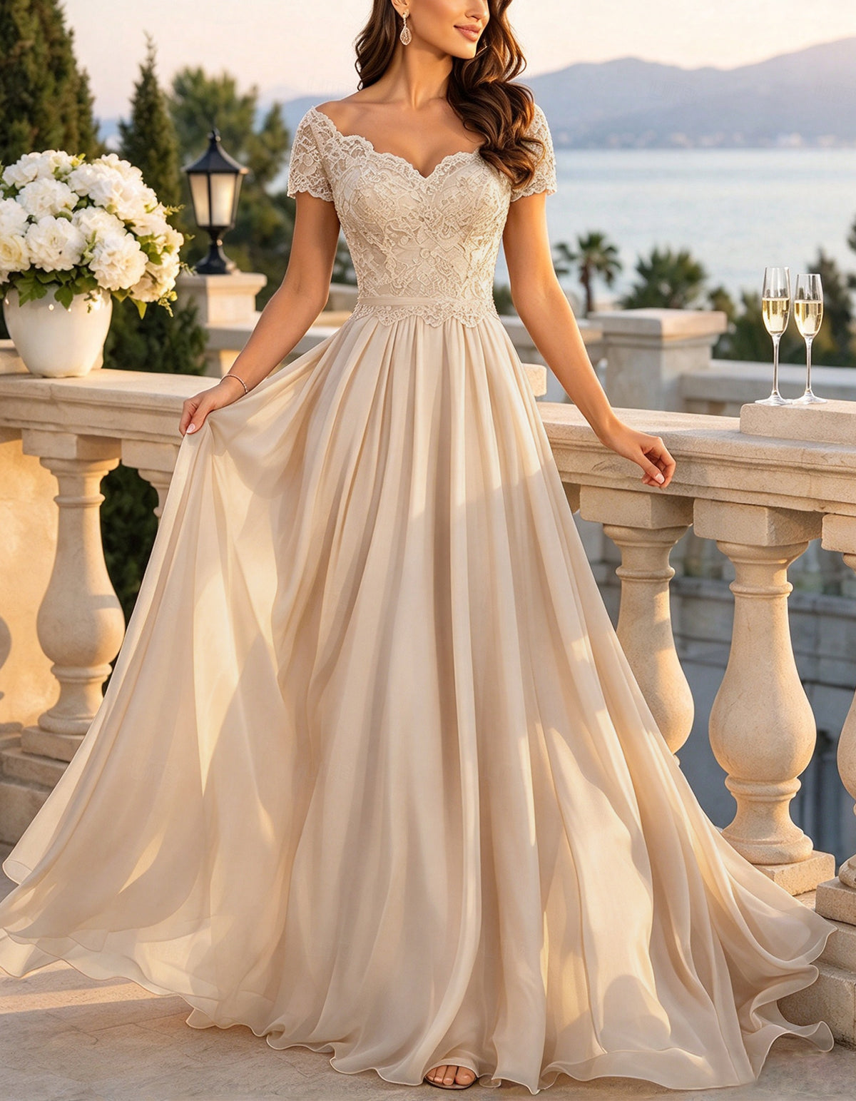 Solid Color Lace And Chiffon Maxi Dress