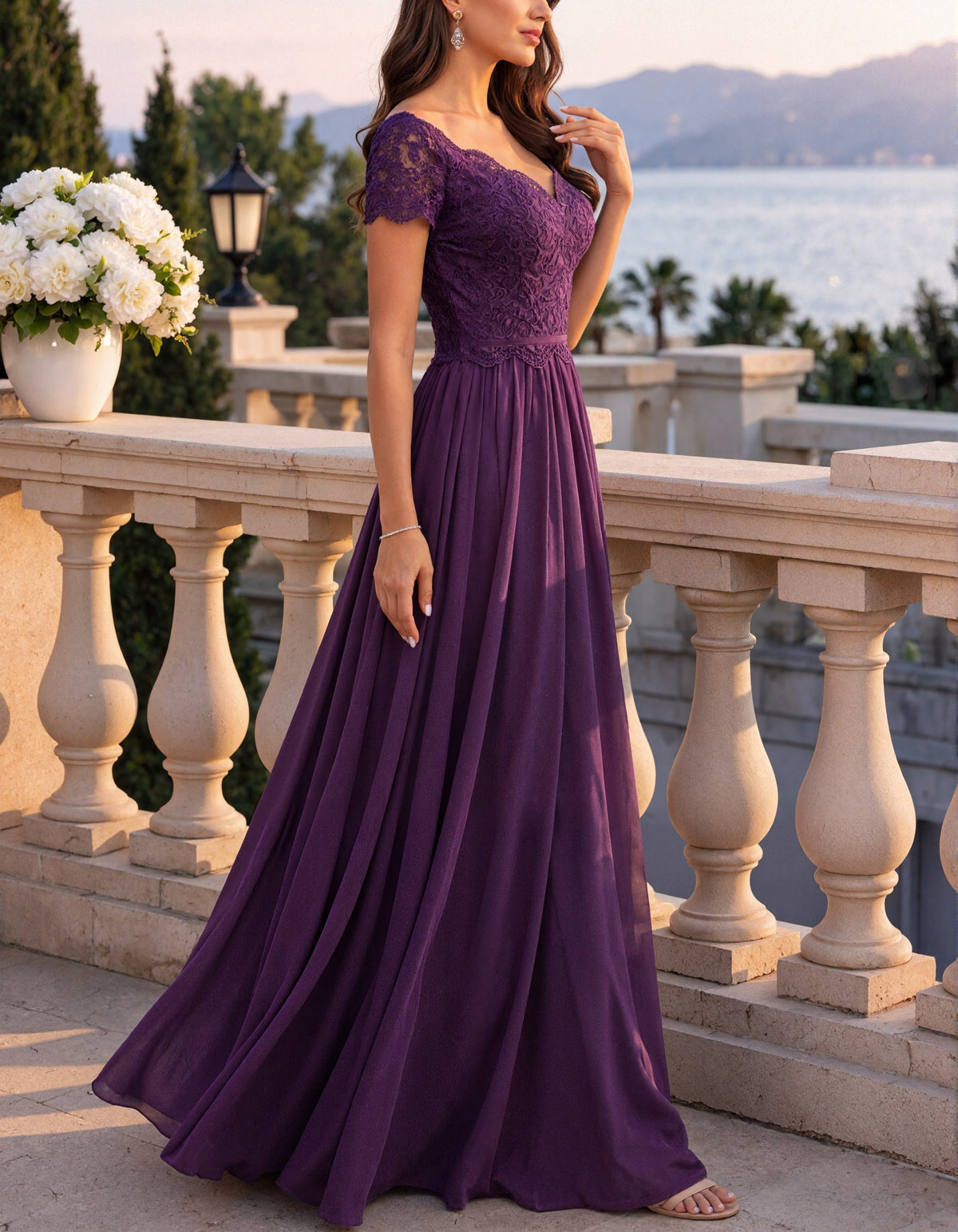 Solid Color Lace And Chiffon Maxi Dress