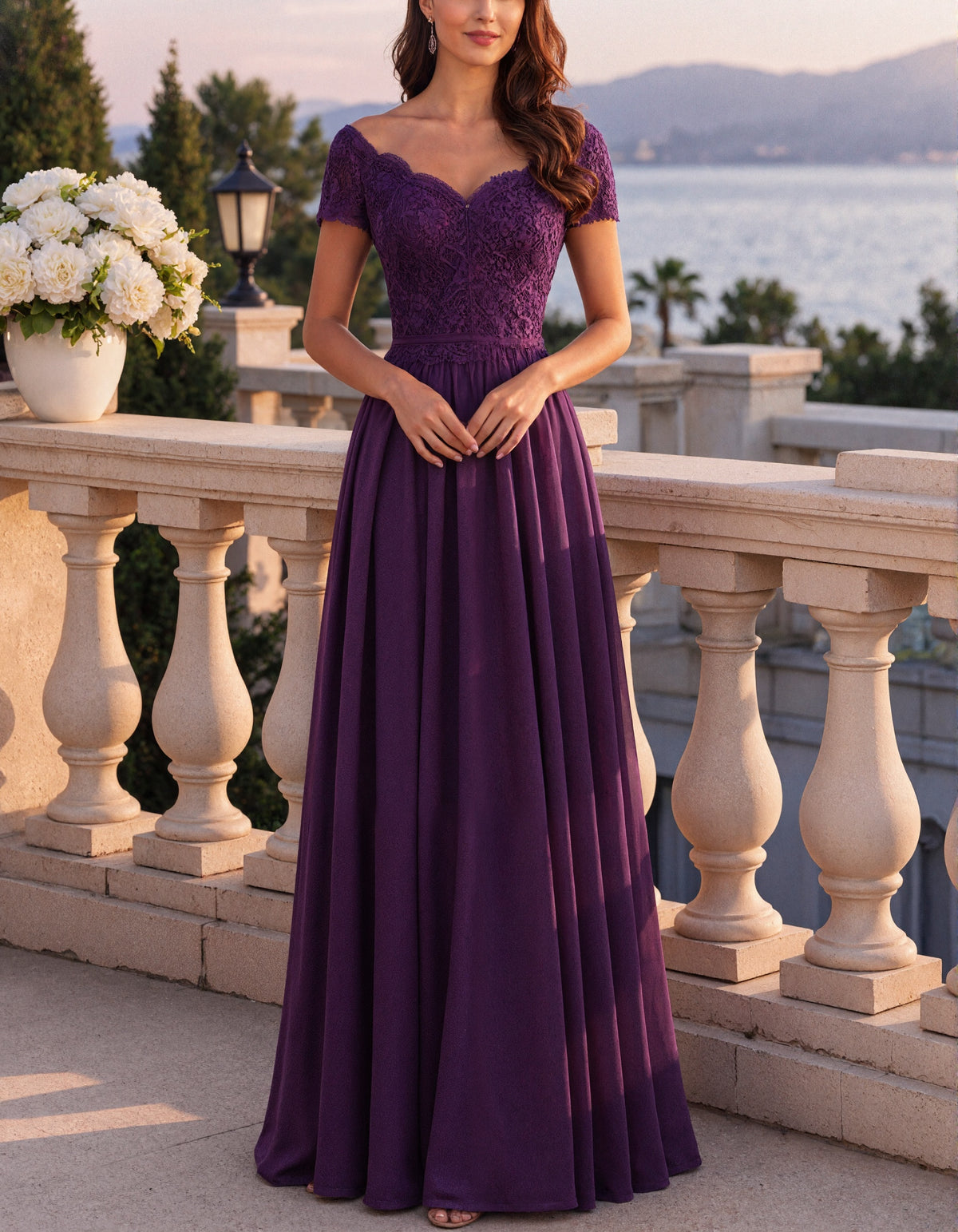 Solid Color Lace And Chiffon Maxi Dress